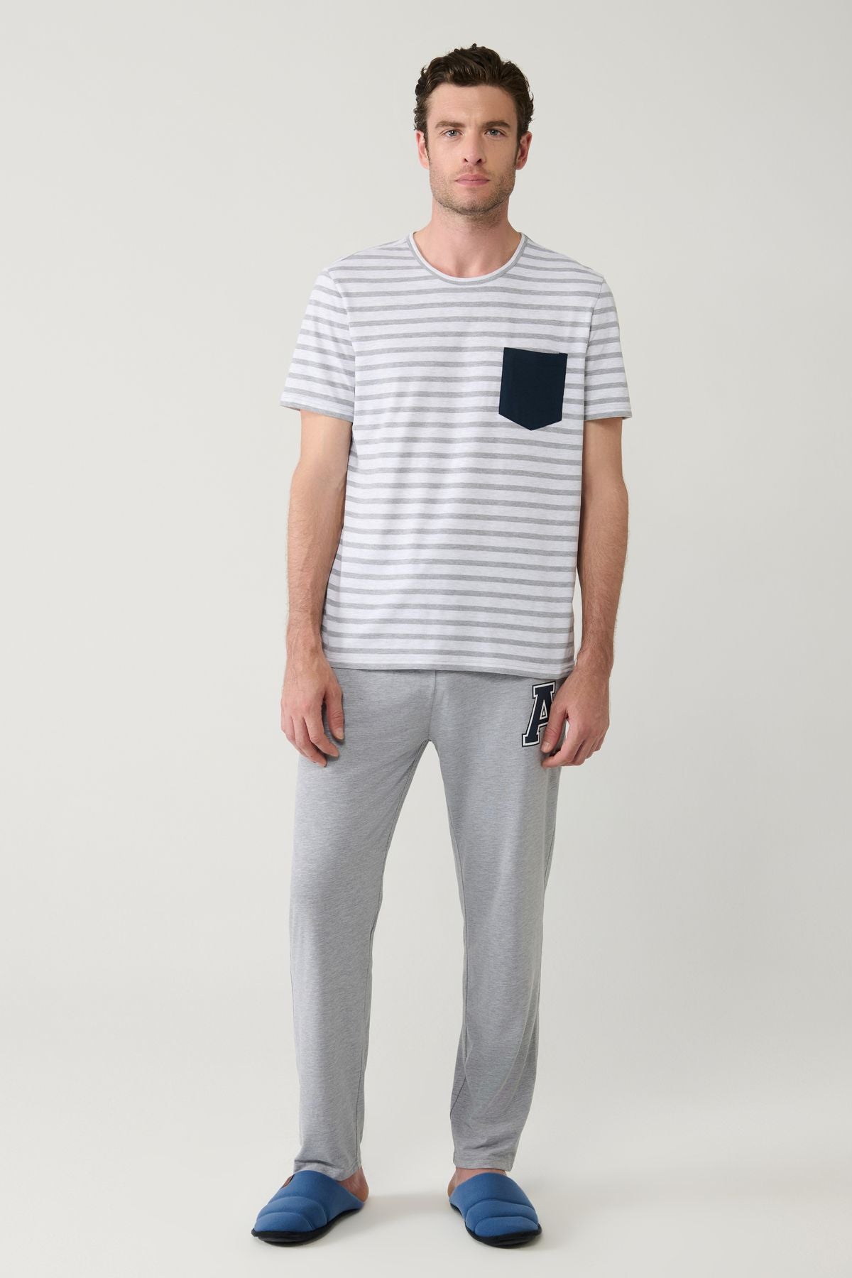 Men's gray bike collar cotton special box pajama set E003308