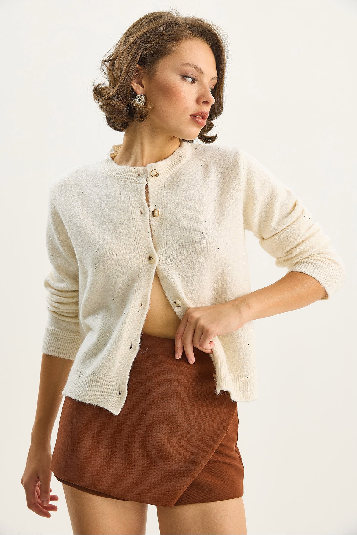 Women's Crew Neck Sequin Detailed Gilded Regular Knitwear Cardigan 4960 60283582