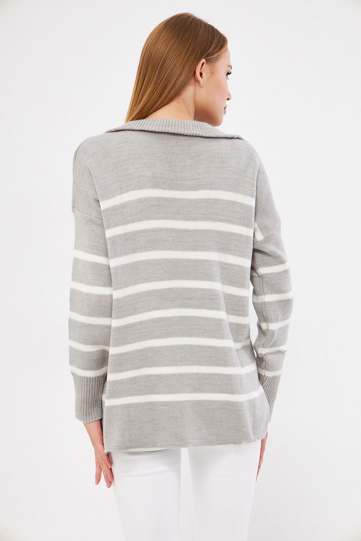 Women's gray zipper detailed striped knitwear sweater ARM-25K069007