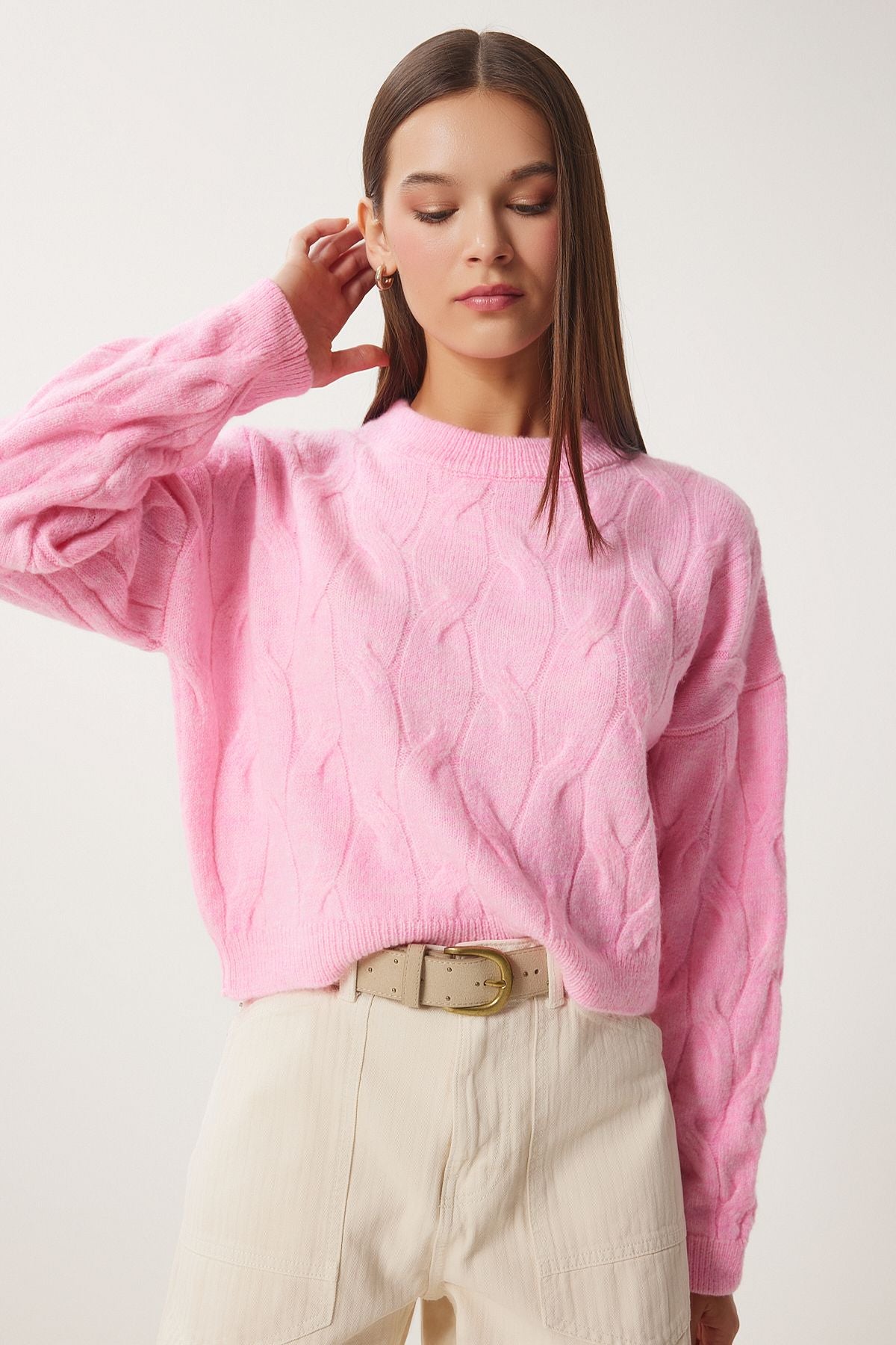 Woman Pink textured crop knitwear sweater mx00170