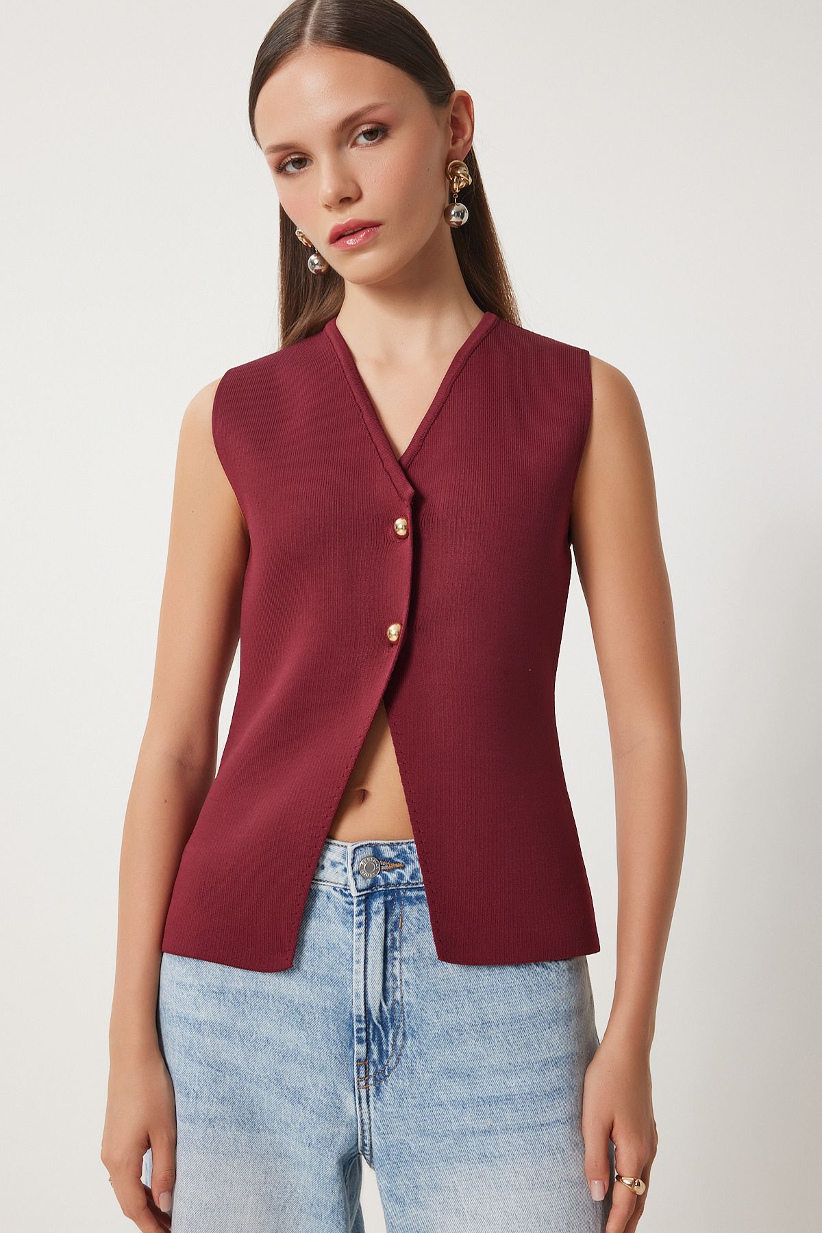 Woman Bordeaux V -Neck Stylish button knitwear vest US00943