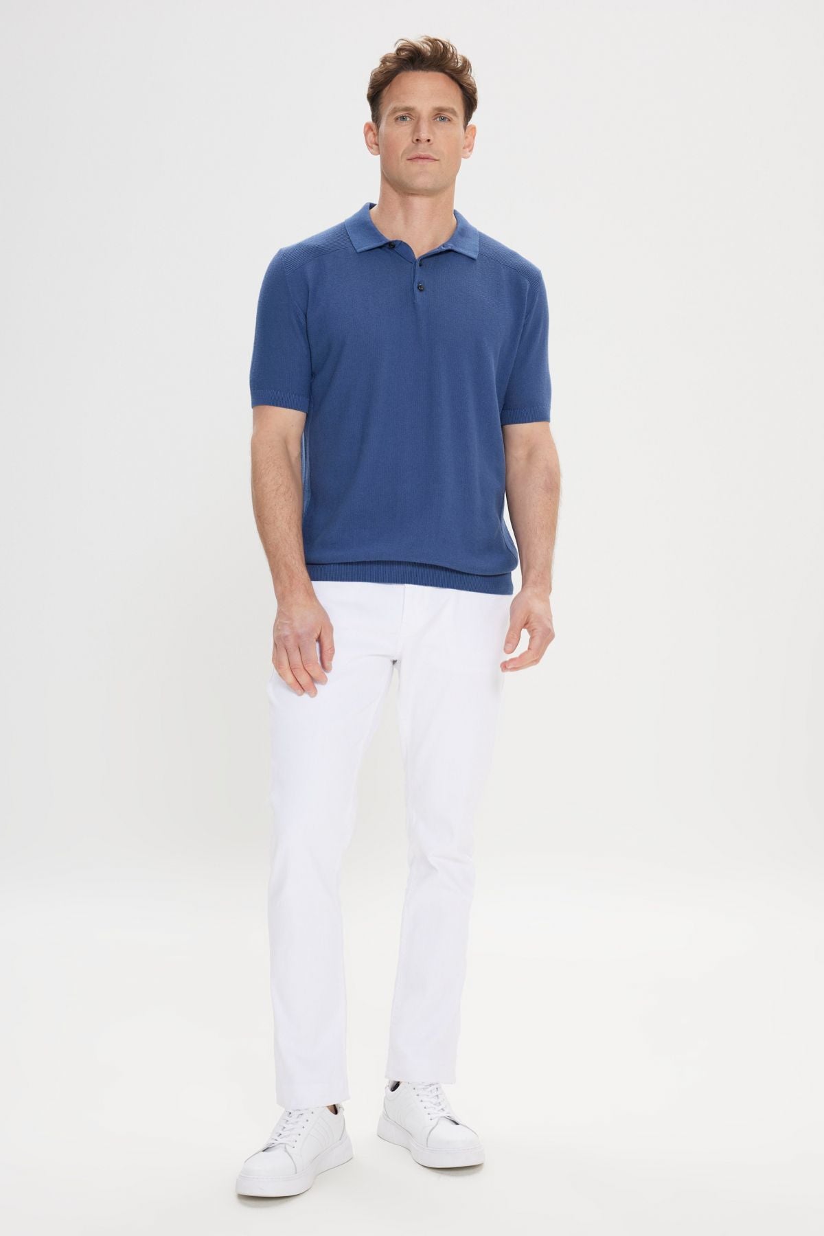 Men's Indigo Standard Fit Normal Cutting 100 %Cotton Jacquari Polo Yaka Triko T -shirt