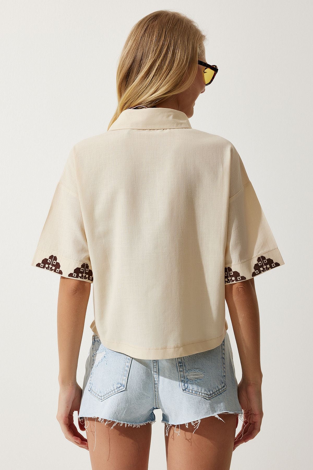 Women's Cream Embroidery Short Linen Shirt RG00009