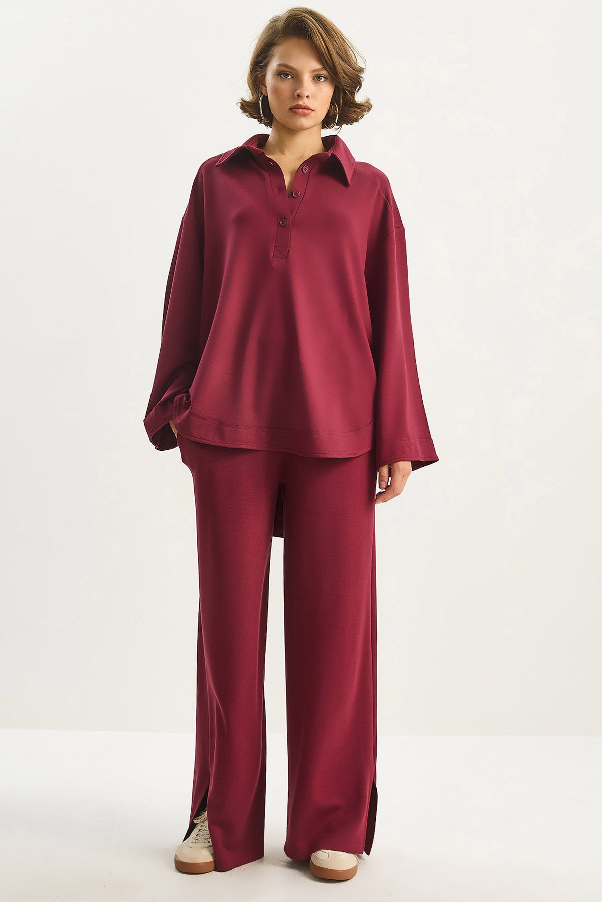 Women's Button Detailed Polo Neck Comfortable Cut Modal Bottom-Top Suit 4036 60283607