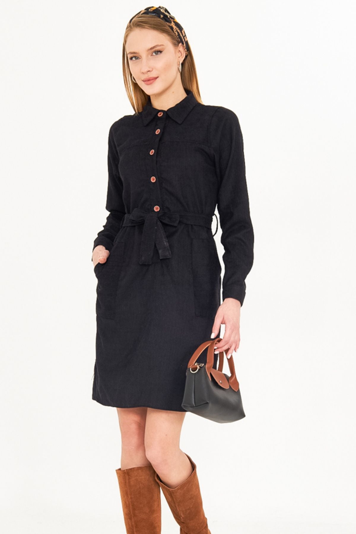 Female black front buttoned pocket belt velvet dress ARM-25K001085