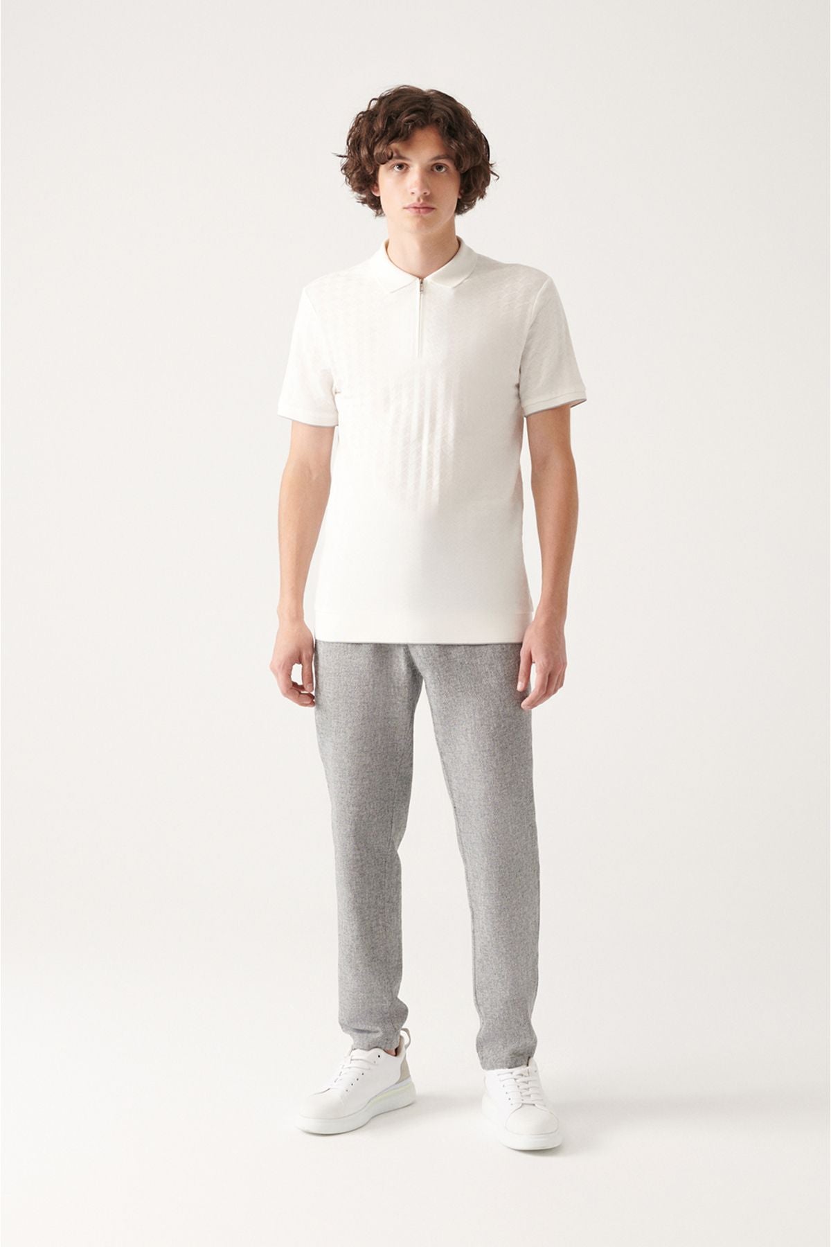 Men's White 100 %Cotton Zipper Polo Yaka T-shirt A31y1165