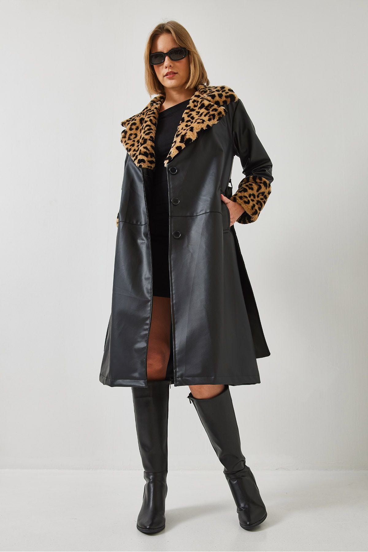 Women's collar and arms leopard fur leather trench coat 3103 60351269