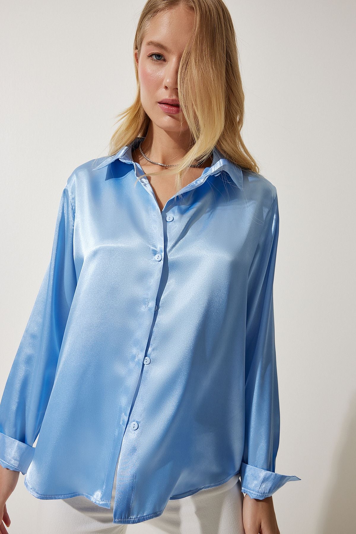 WOMEN SKY BLUE BLUE LIGHTED SATIN SOLUTION SHIRT DD00990