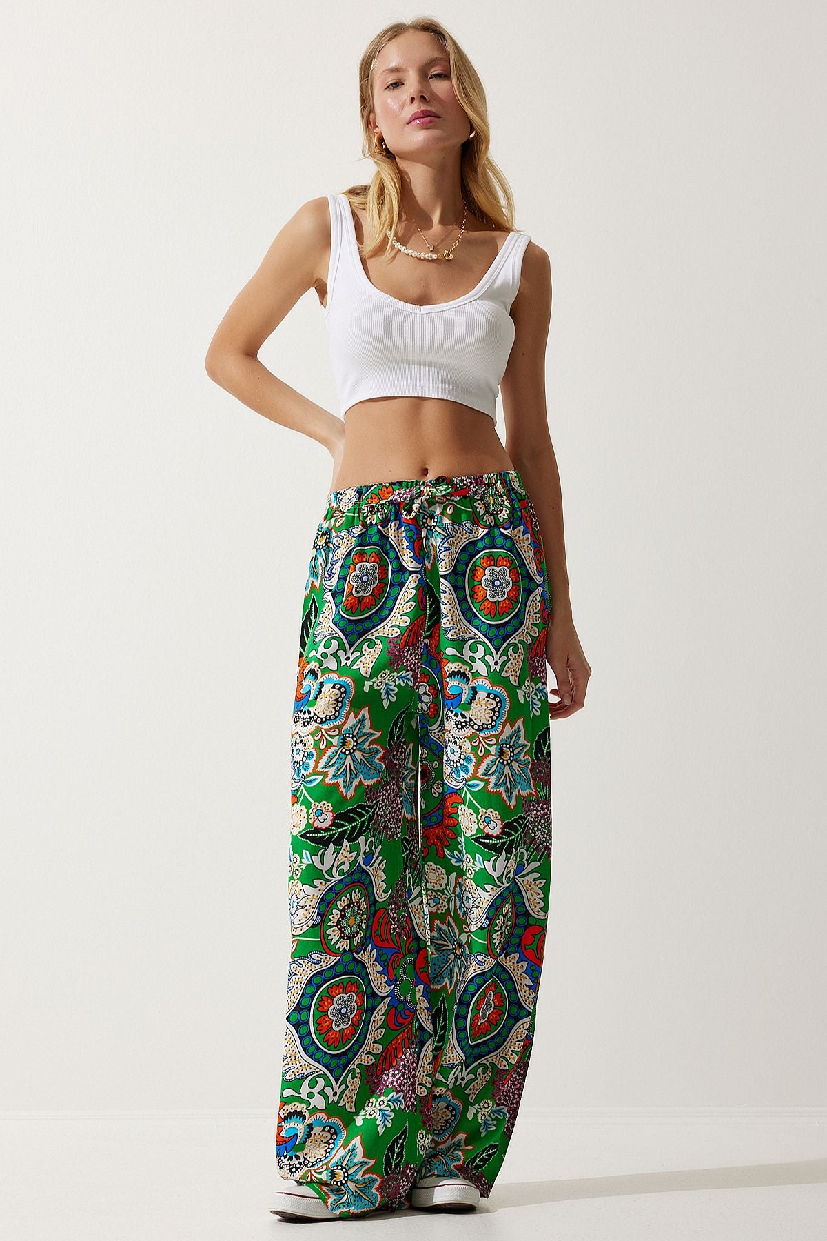 Female Green Orange Patterned Viscose Palazzo Pants EN00606