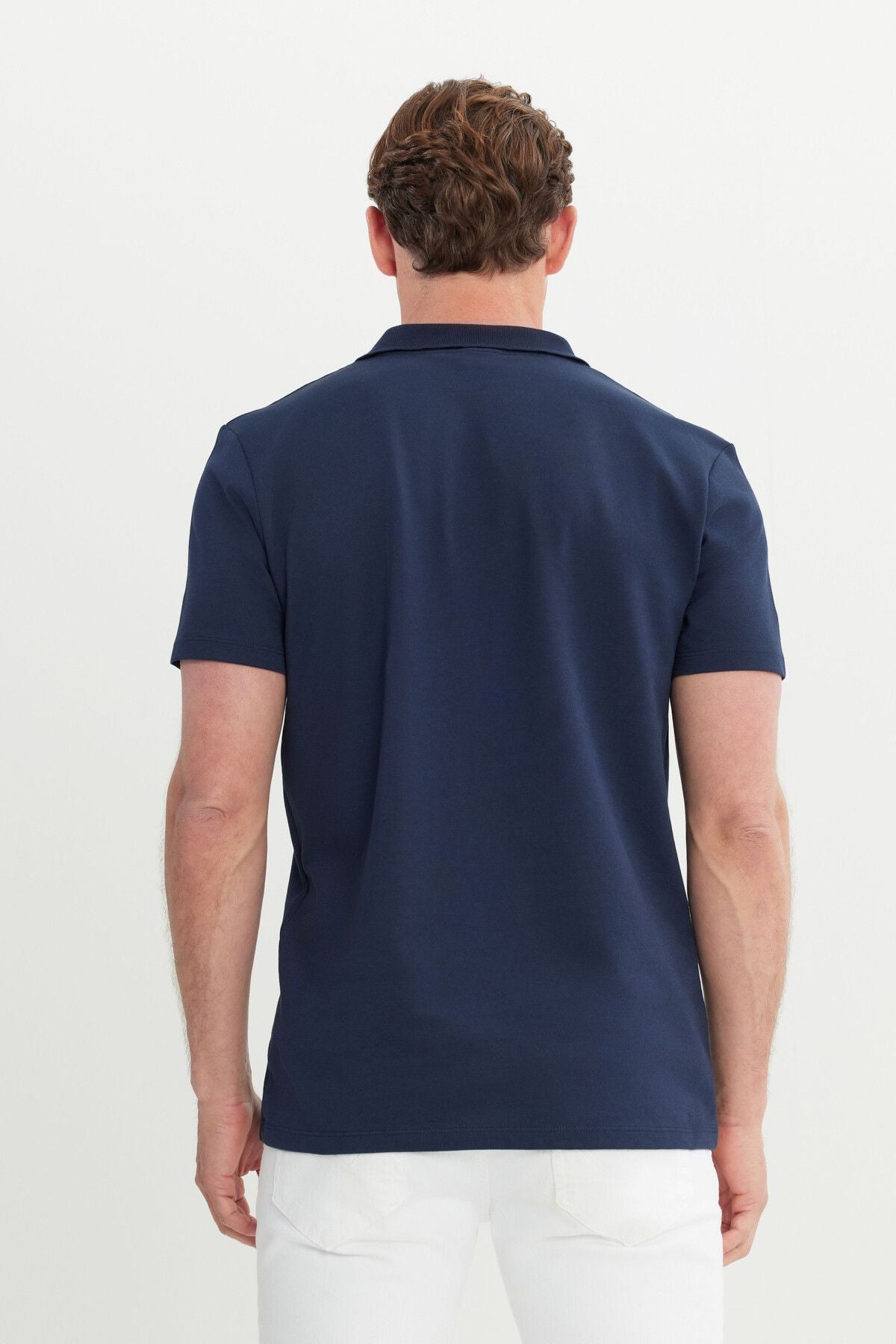 Men's navy blue cotton slim fit narrow cut polo collar t -shirt