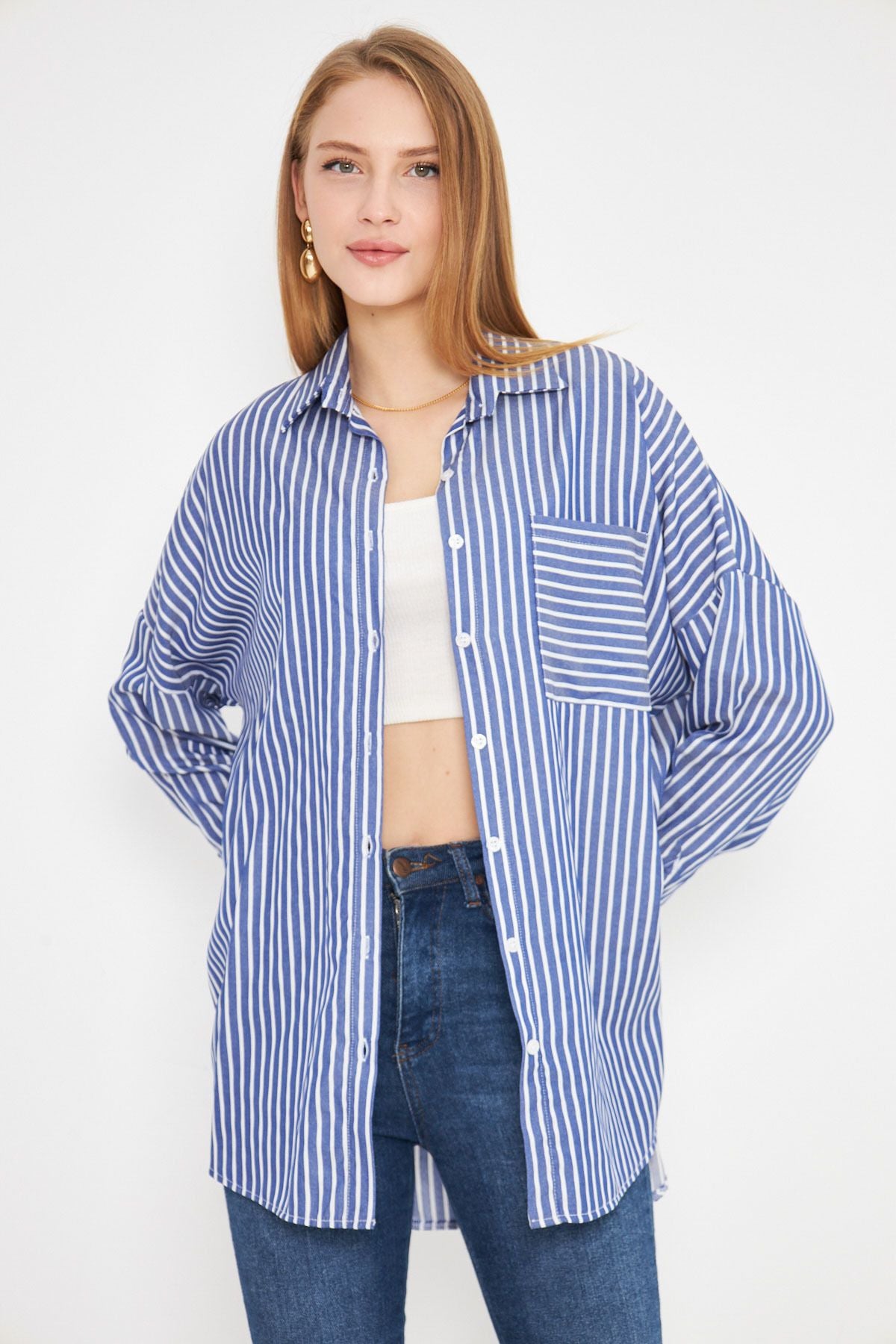 Women's Blue Striped Long Sleeve Pocket Detailed Ristle Pleeled Oversize Shirt ARM-25K001069