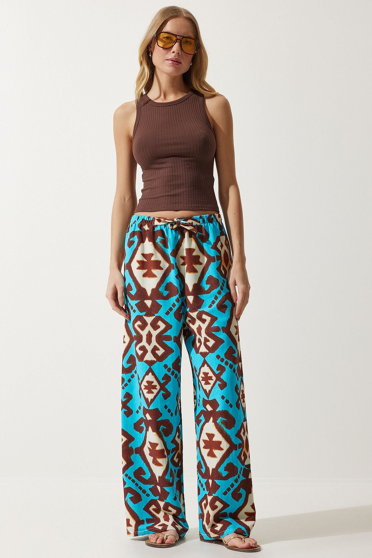 Female turquoise patterned raw linen palazzo pants BH00397