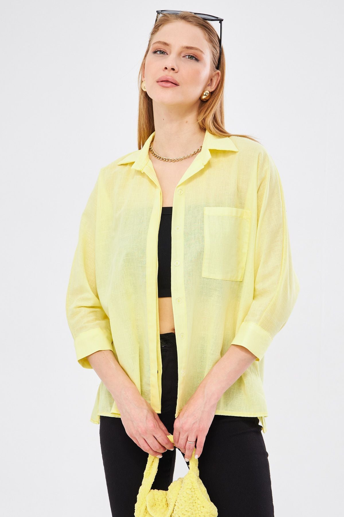 Female Yellow Pockets Shabby Linen Shirt ARM-21Y001035
