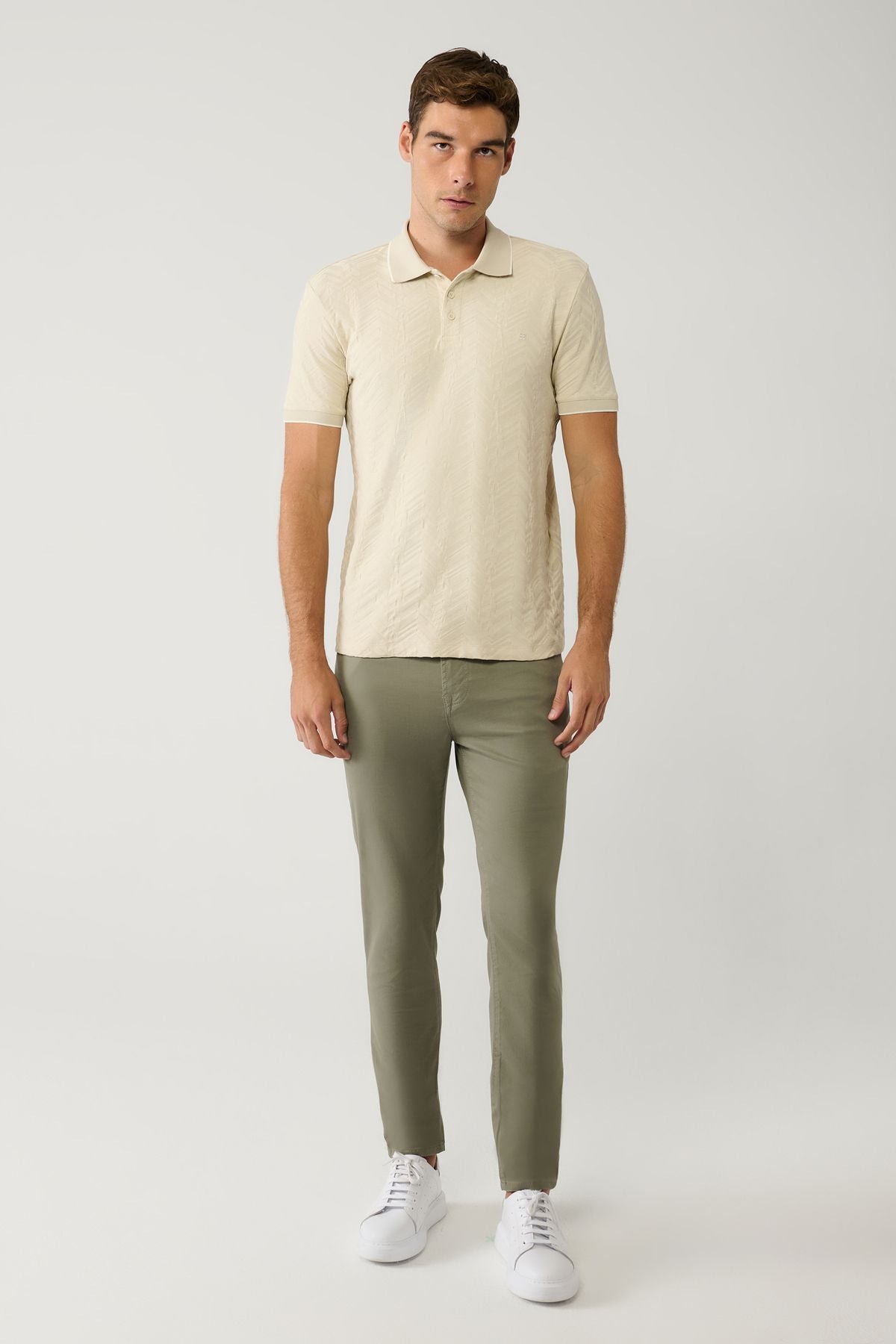 Men's Beige 100 %Cotton 3 Buttoned Jacquard Polo Yaka T-Shirt A41y1147
