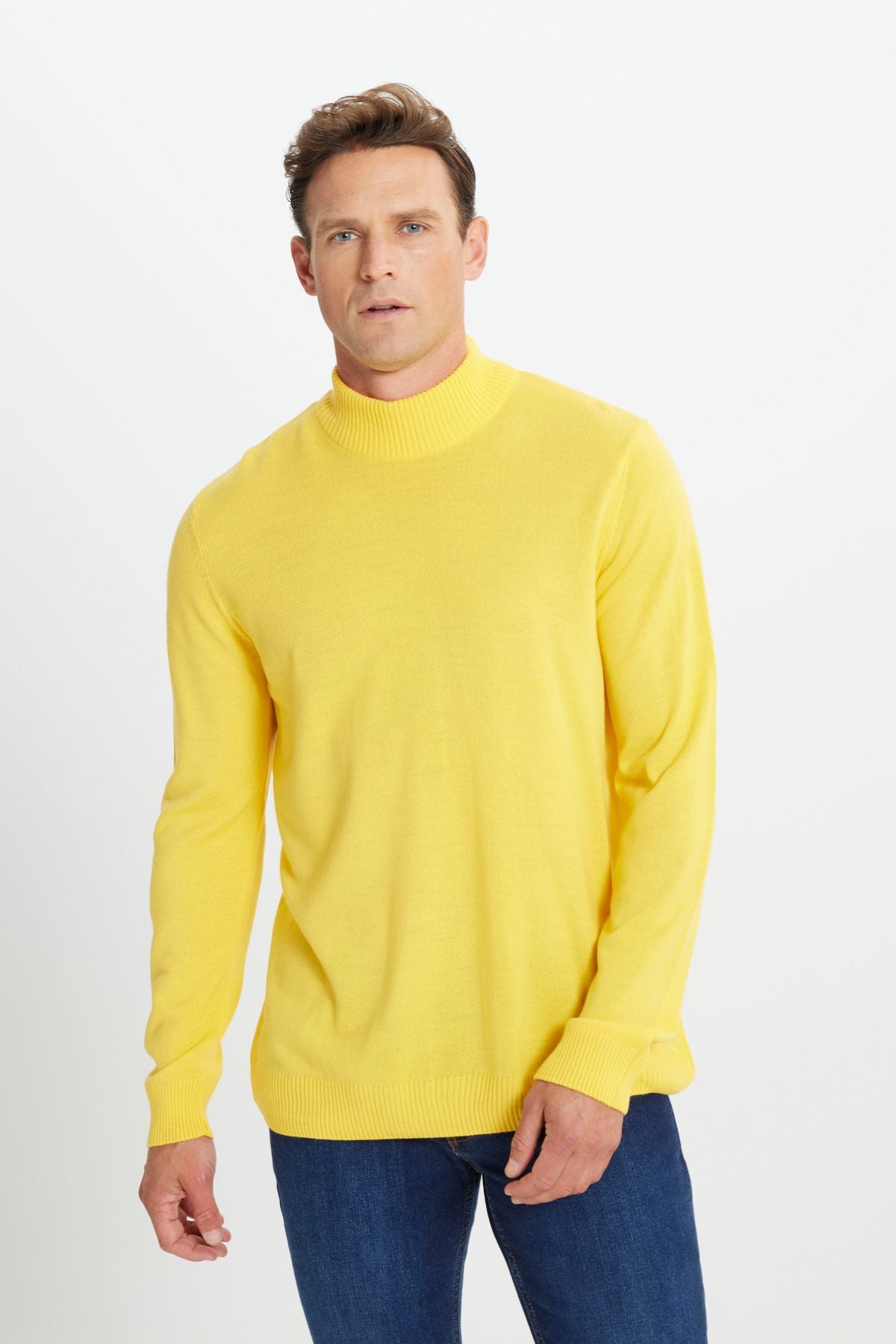 Men's yellow hair growth standard fit normal cut half fisherman collar knitwear sweater