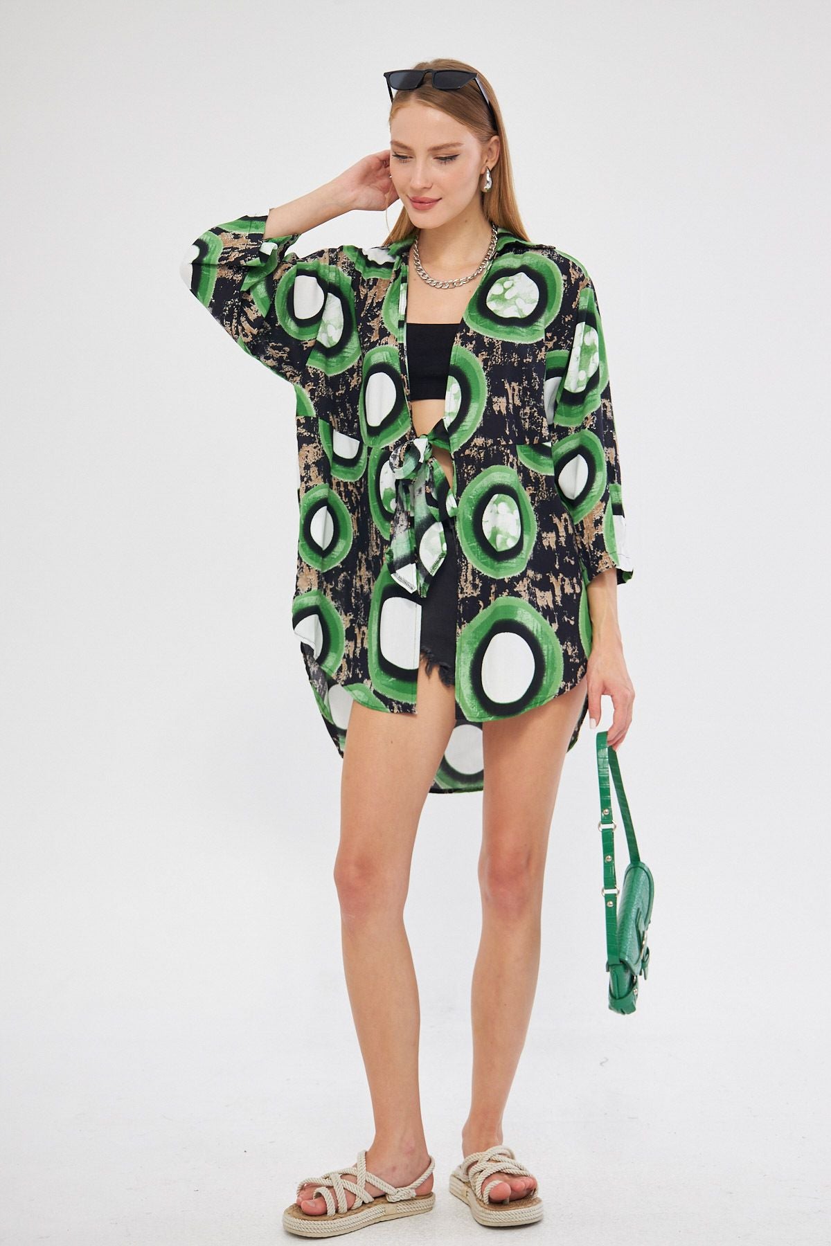 Female Peanut Green Patterned front-binding kimono shirt ARM-24Y001080