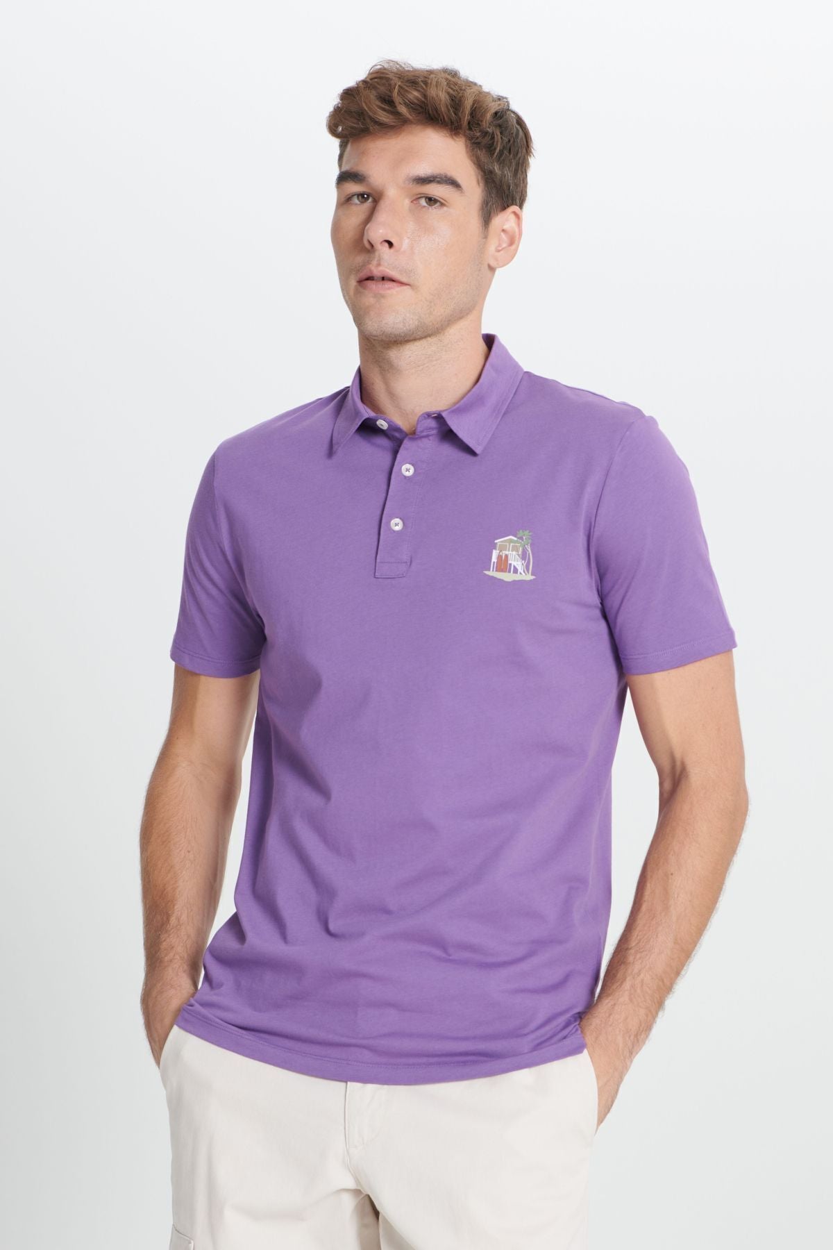 Male Purple Standard Fit Normal Cutting 100 %Cotton Soft Table Printed Polo Yaka T -shirt