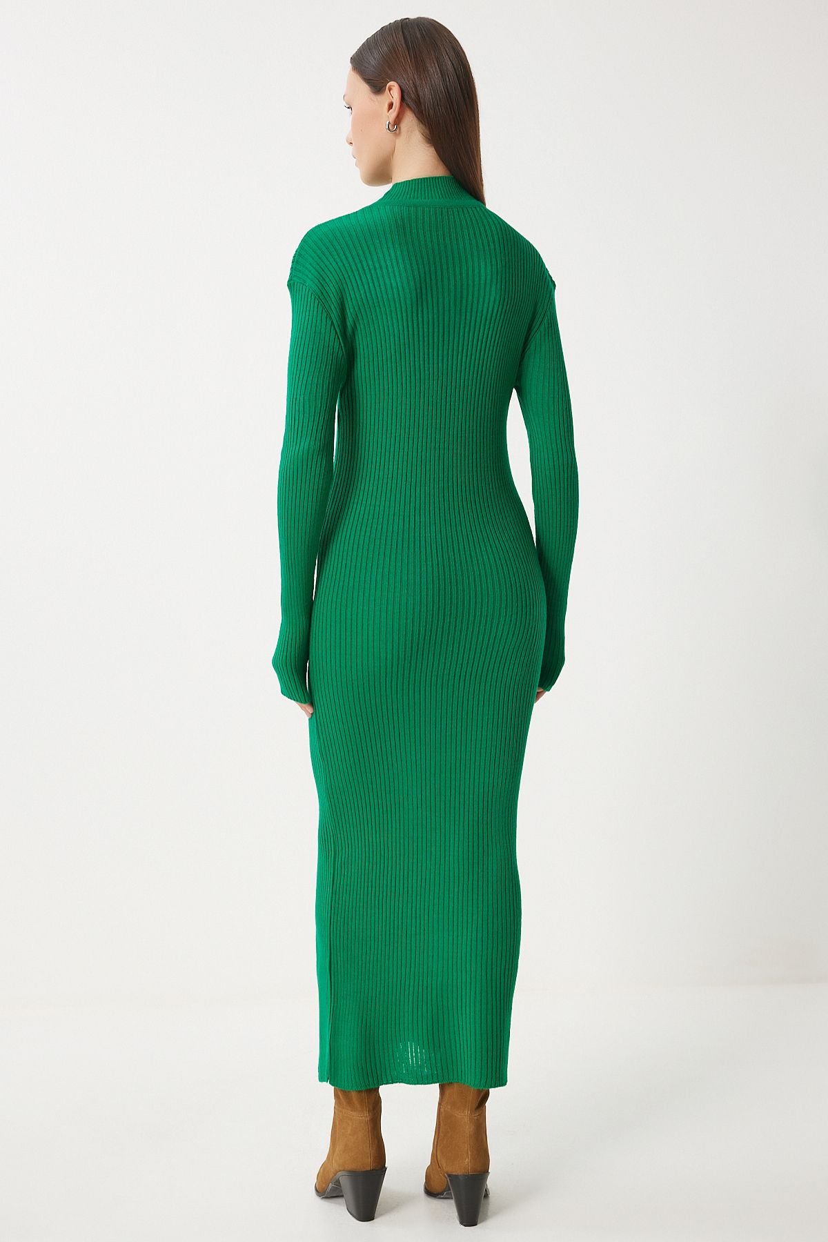 Woman green upright collar slits wrapping knitwear dress DD01338