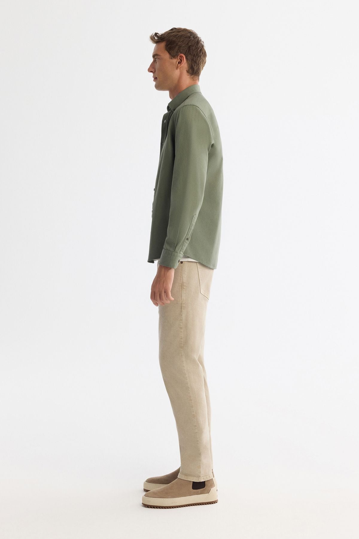Male Khaki button collar diagonel cotton shirt B002036