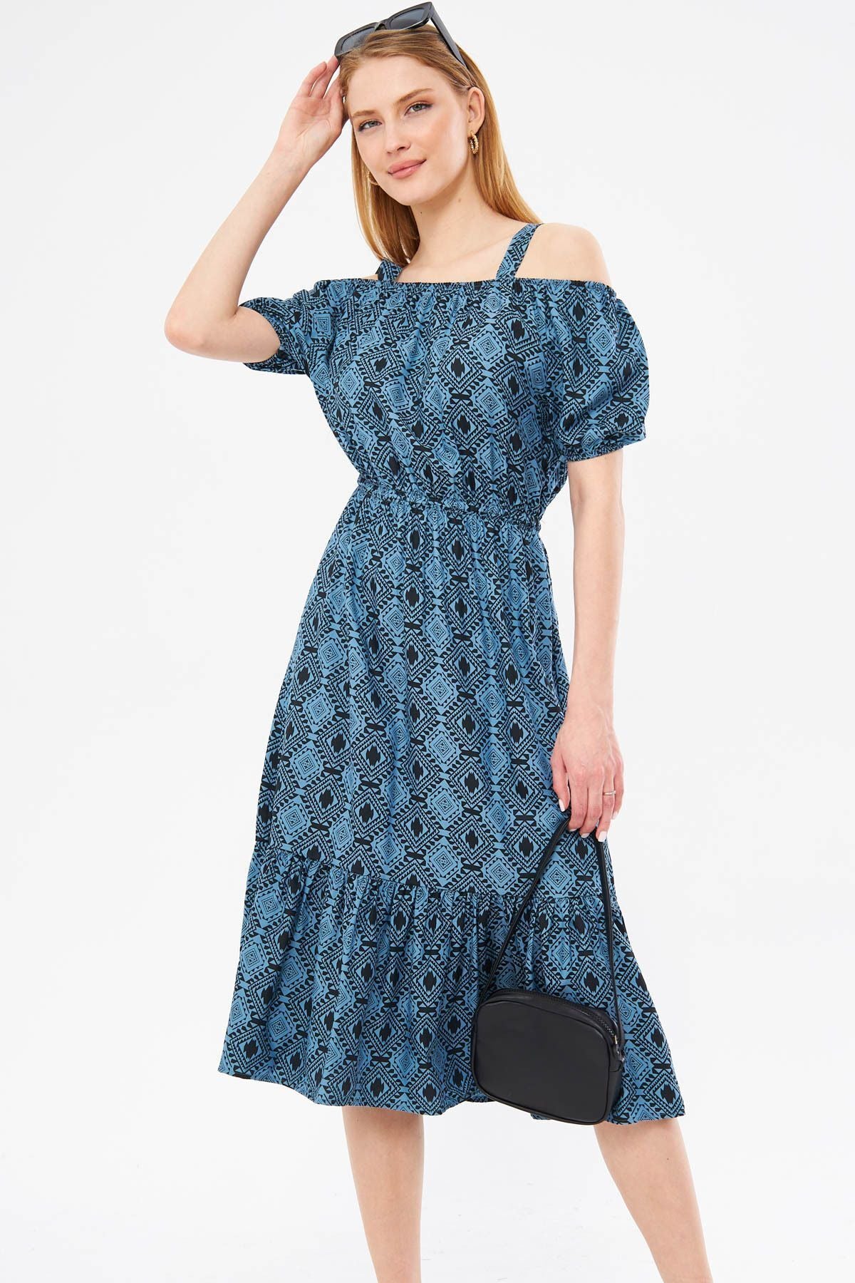 Woman Blue Patterned Waist Waist Hanger Dress ARM-23Y001053