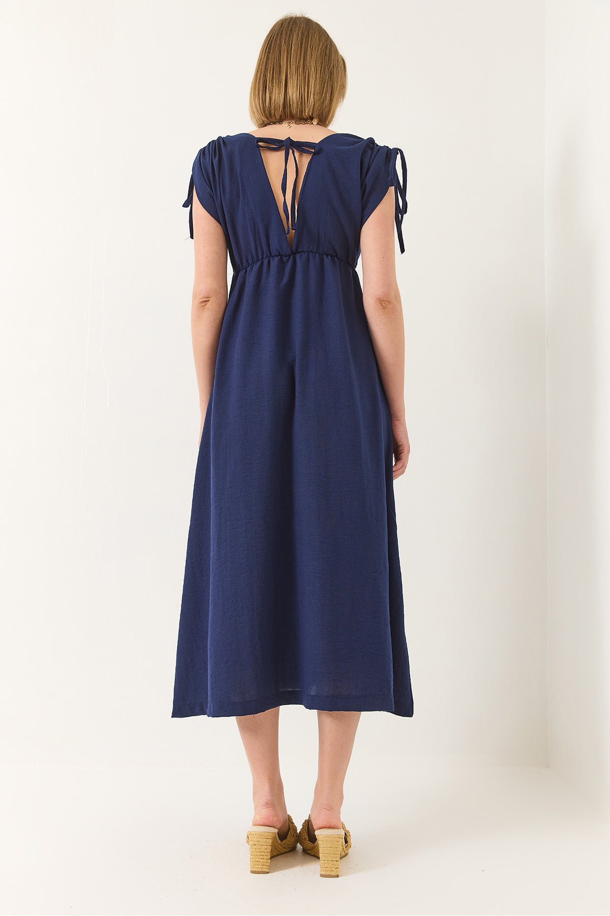 Women's V-Neck, Elastic Waist, Slit, Tie Detail, Linen Textured Dress 437 60283175