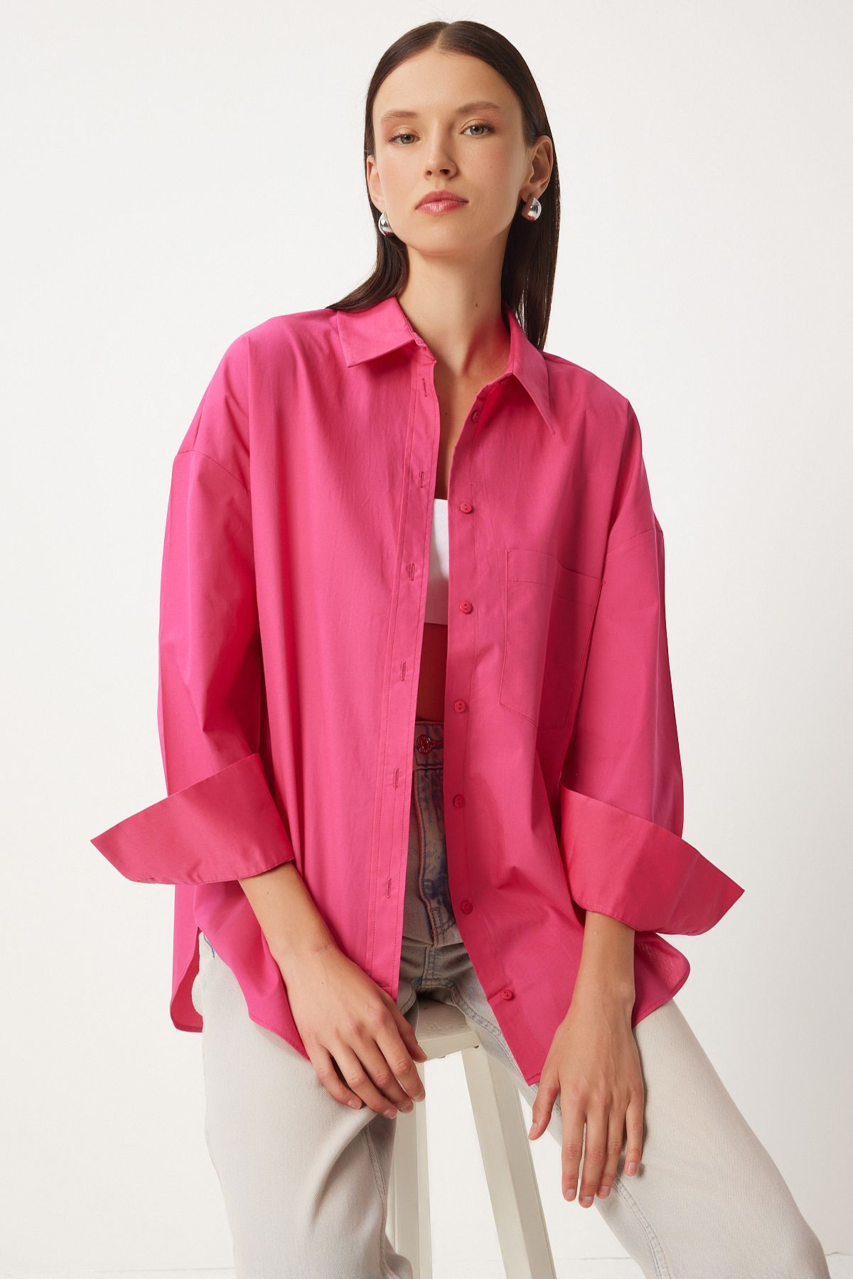 Woman Pink pocket poplin shirt HM00065