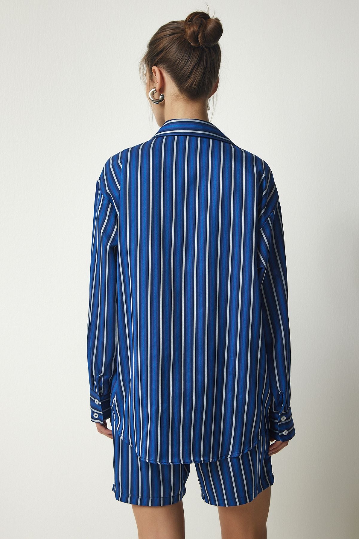 Women's Blue Striped Satin Surface Shirt Short Set US00914