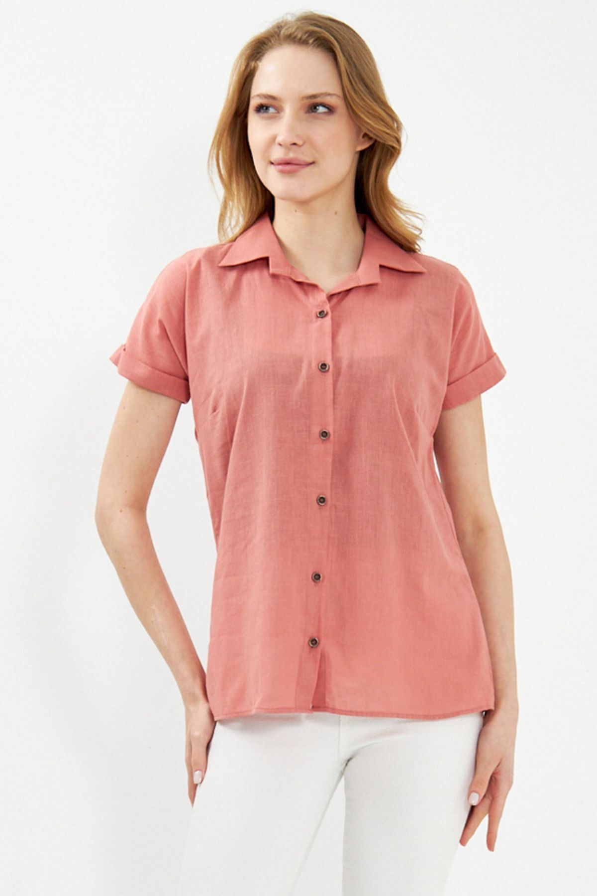 Woman Salmon Short Sleeve Linen Shirt ARM-24Y001038