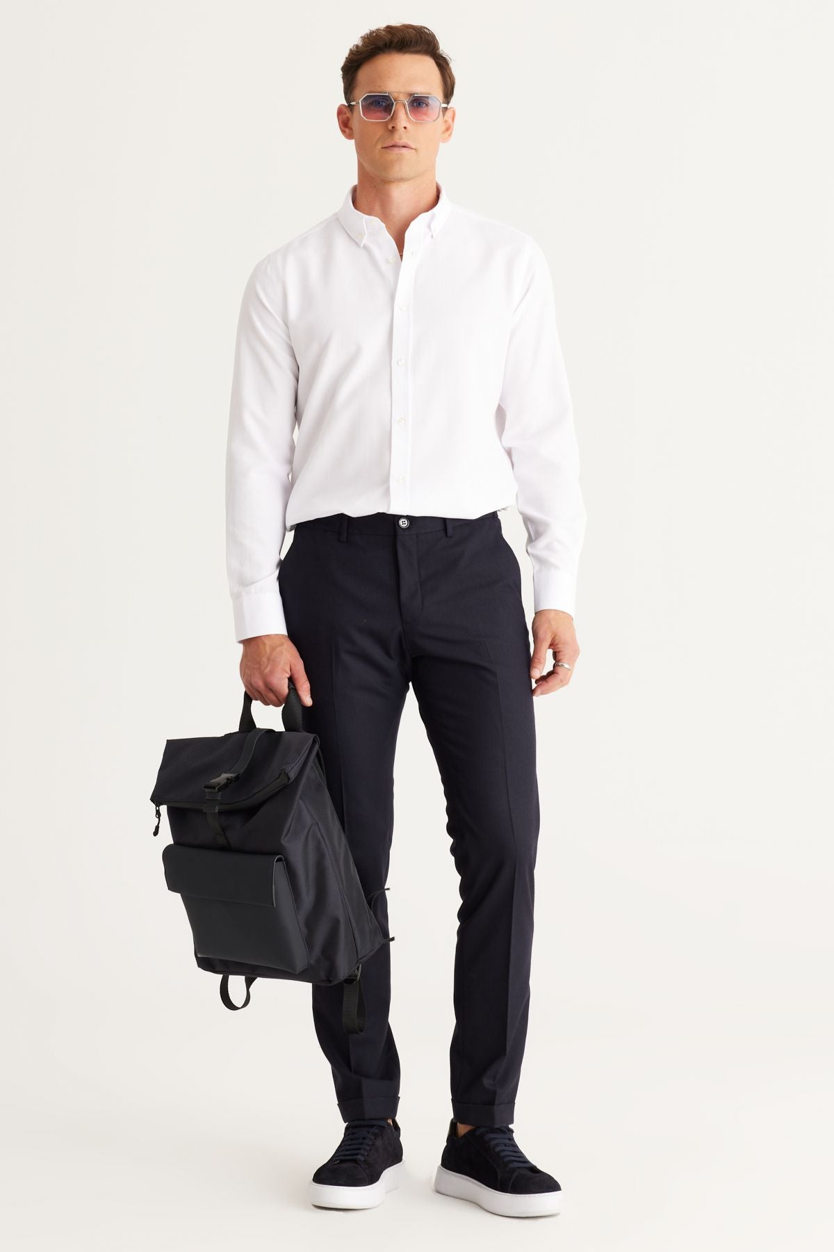 Male Oxford White button collar easy to ironing cotton slim fit narrow cut shirt