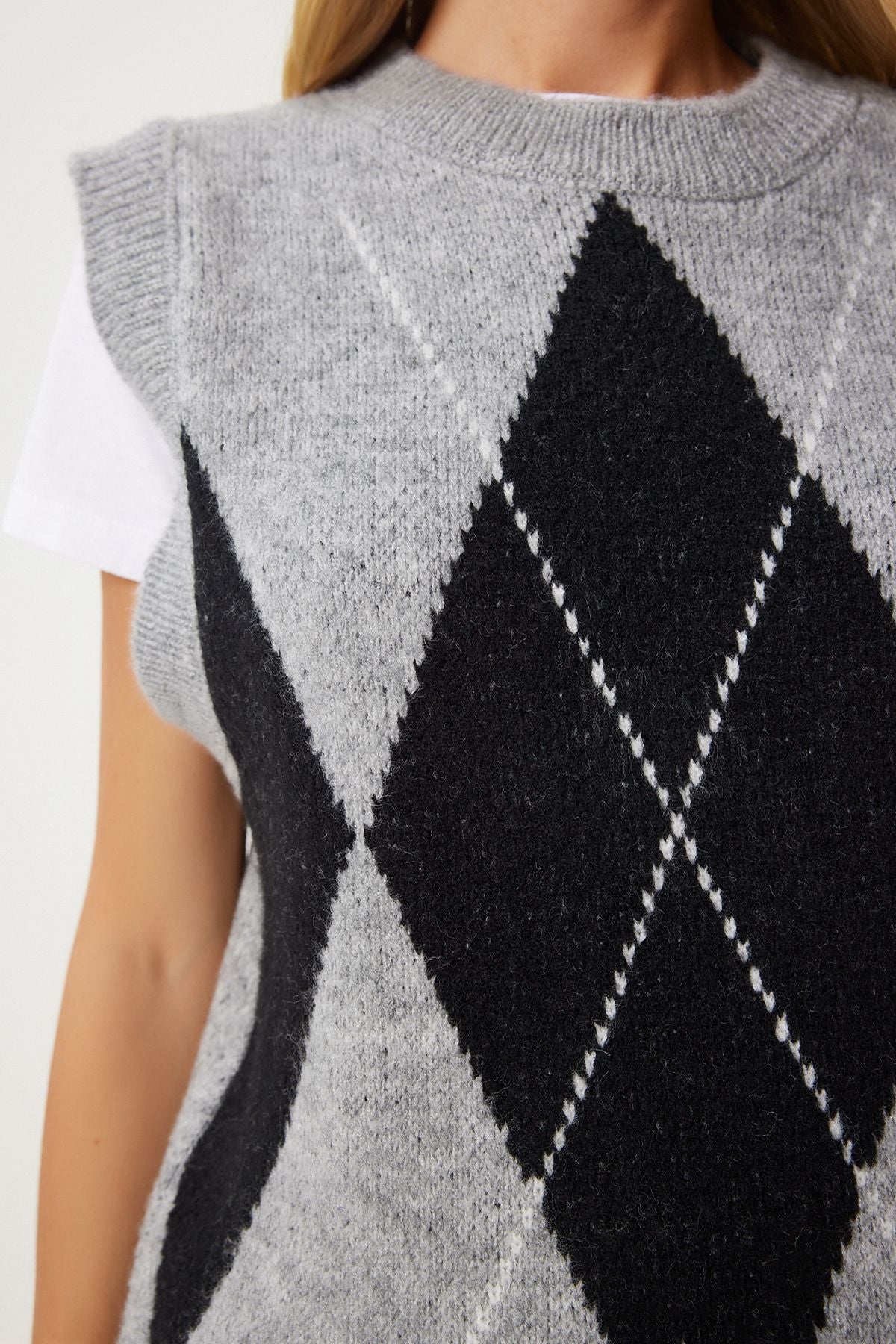 Women's Gray Baklava Patterned Triko Süveter AN00211