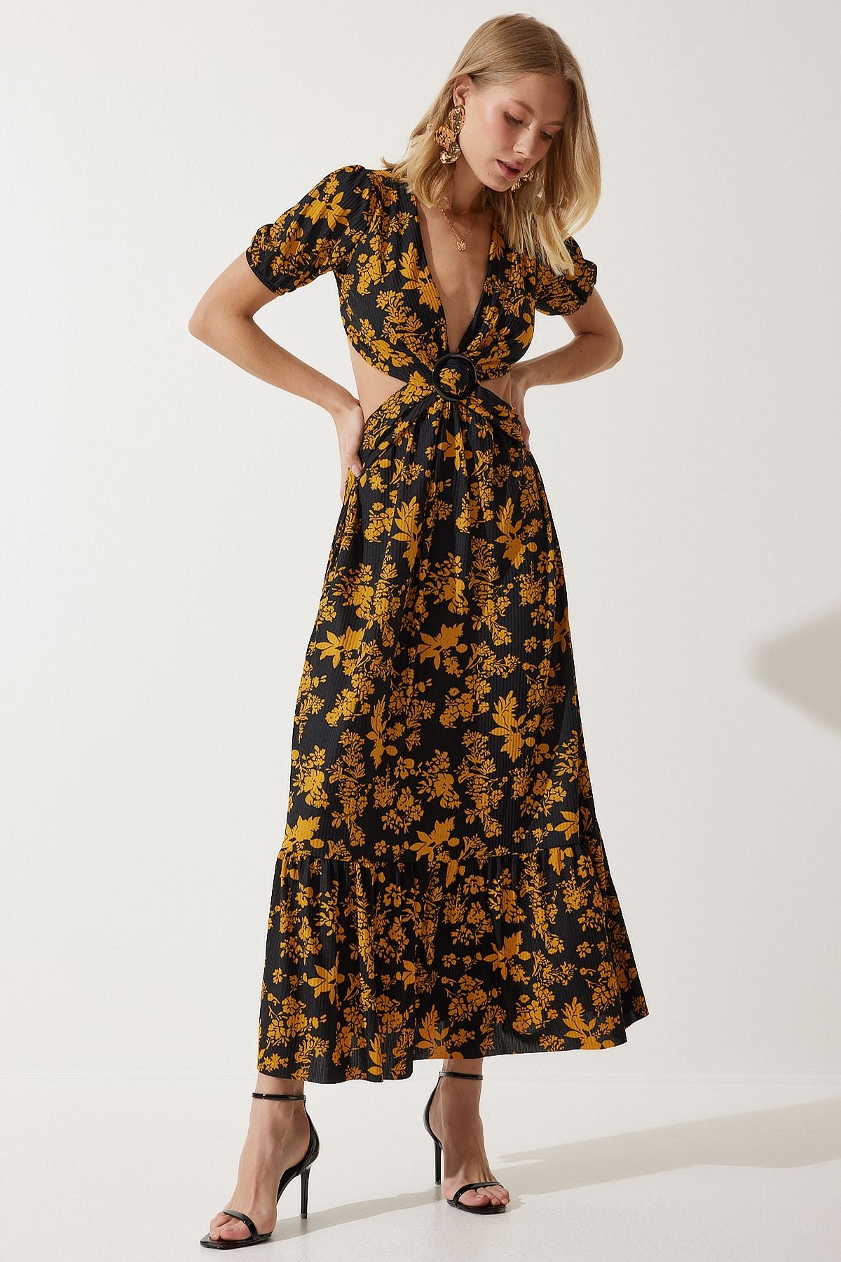 Woman Black Mustard Patterned Window Detailed Flip Knitting Dress MC00263