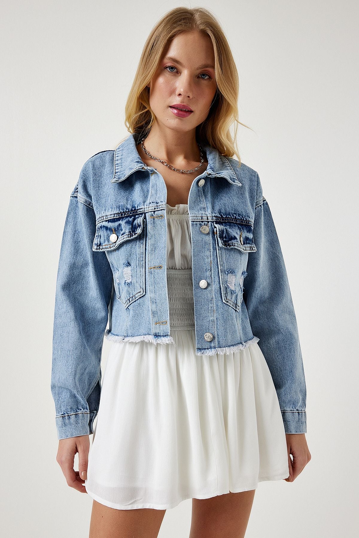 Woman Light Blue Tassel Detailed Denim Crop Jacket RV00159