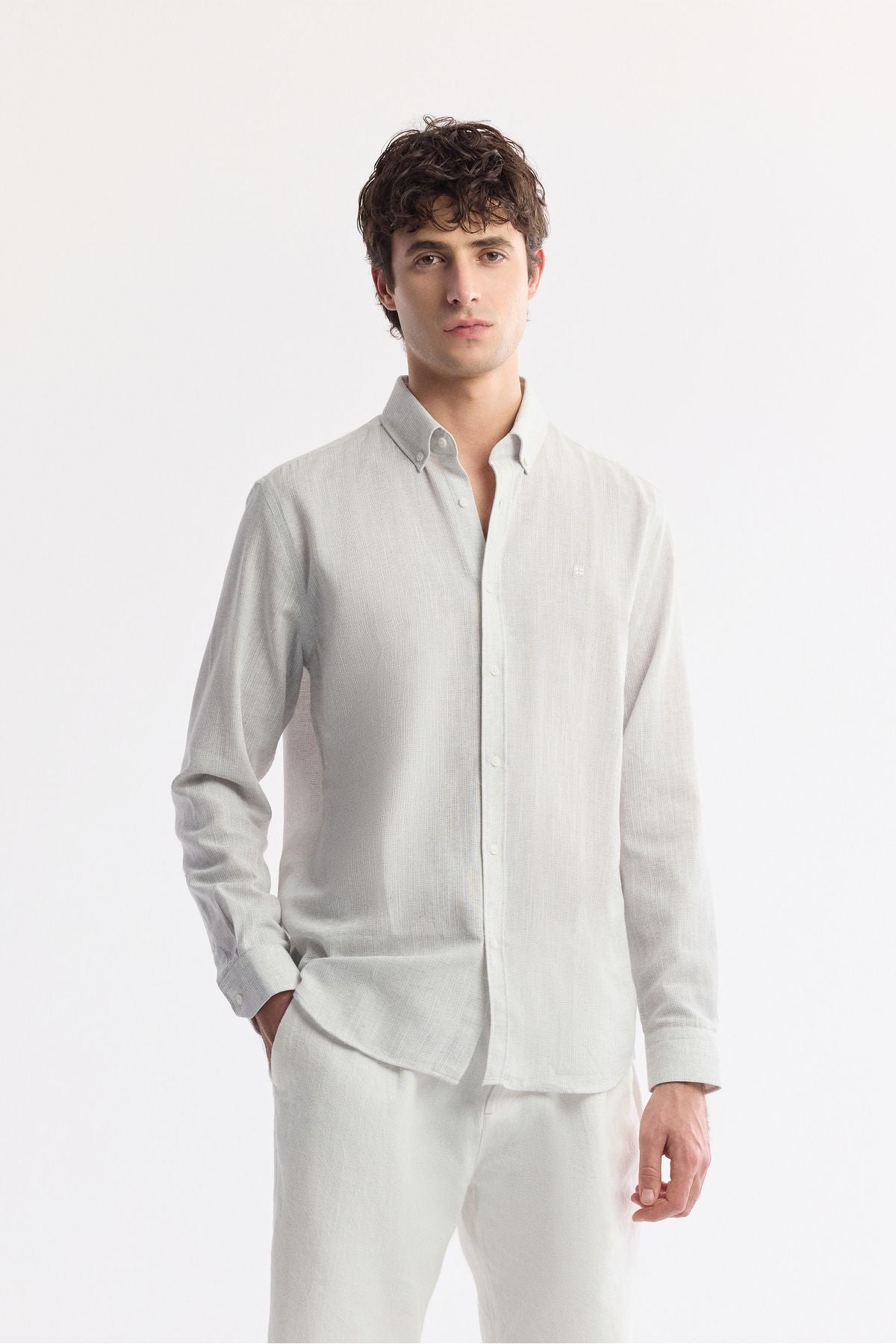 Men's light gray button collar cotton textured regular fit shirt A51y2130