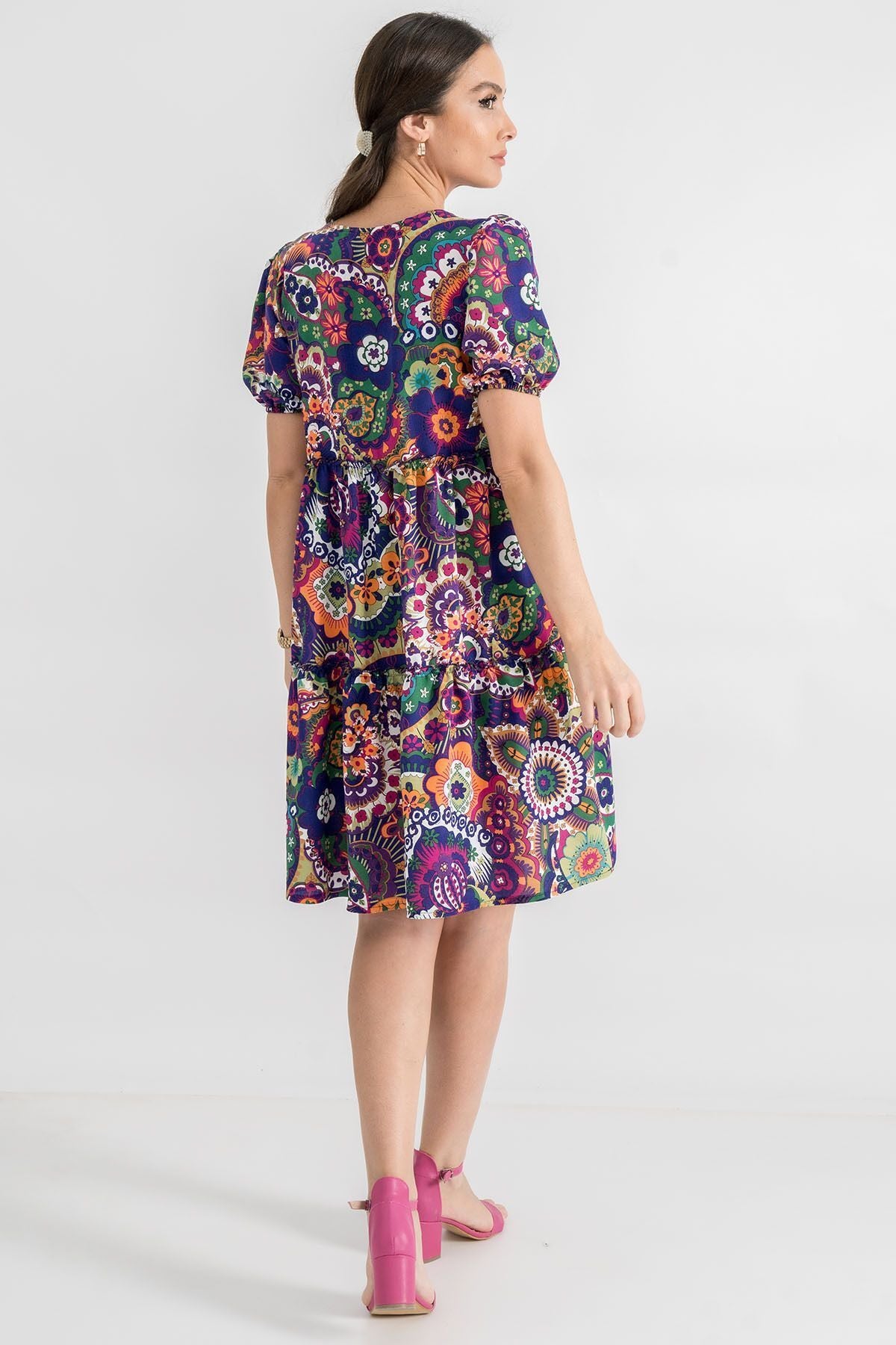 Woman Purple V-Neck Short Arm Patterned Ruffle Dress ARM-24Y001014