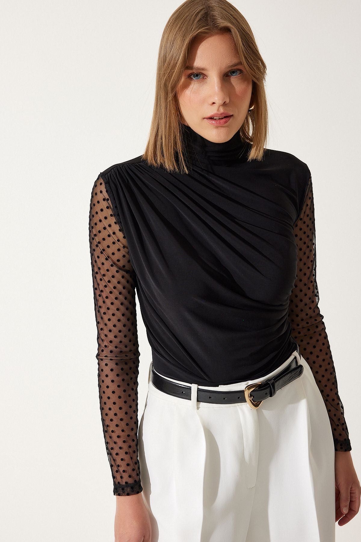 Female black polka dot lace sleeve shirred knitted blouse FF00163