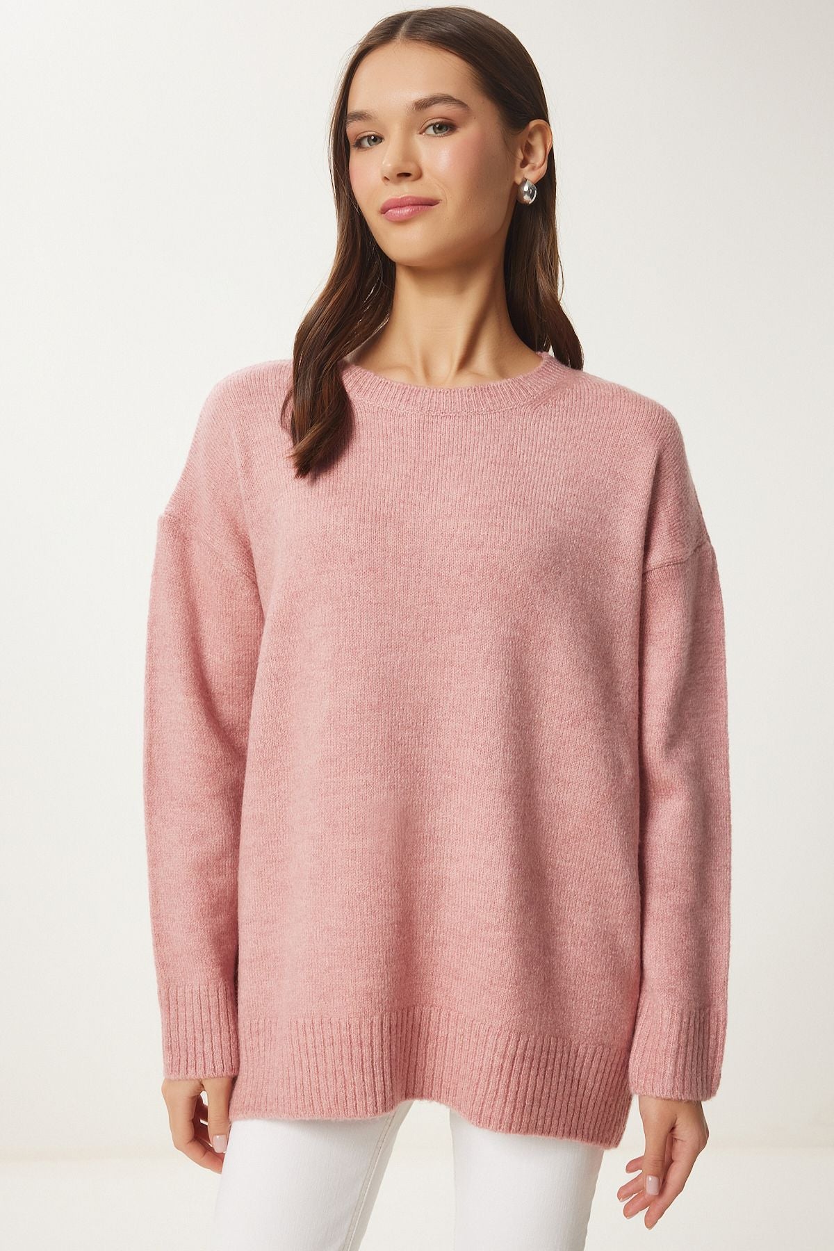 Kadın Orta Pembe Oversize Triko Kazak PN00054