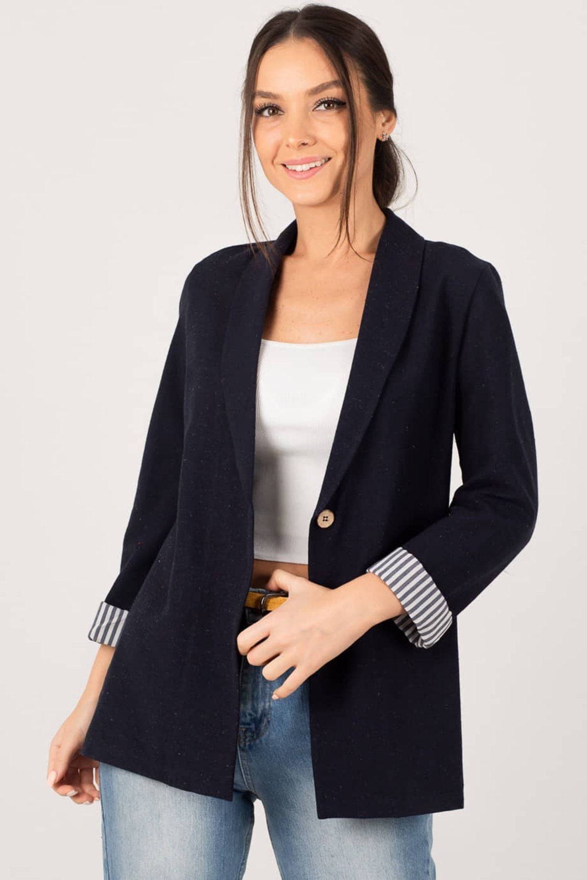 Woman Dark Navy blue sleeve in intrauterine striped single button jacket ARM-22K001122