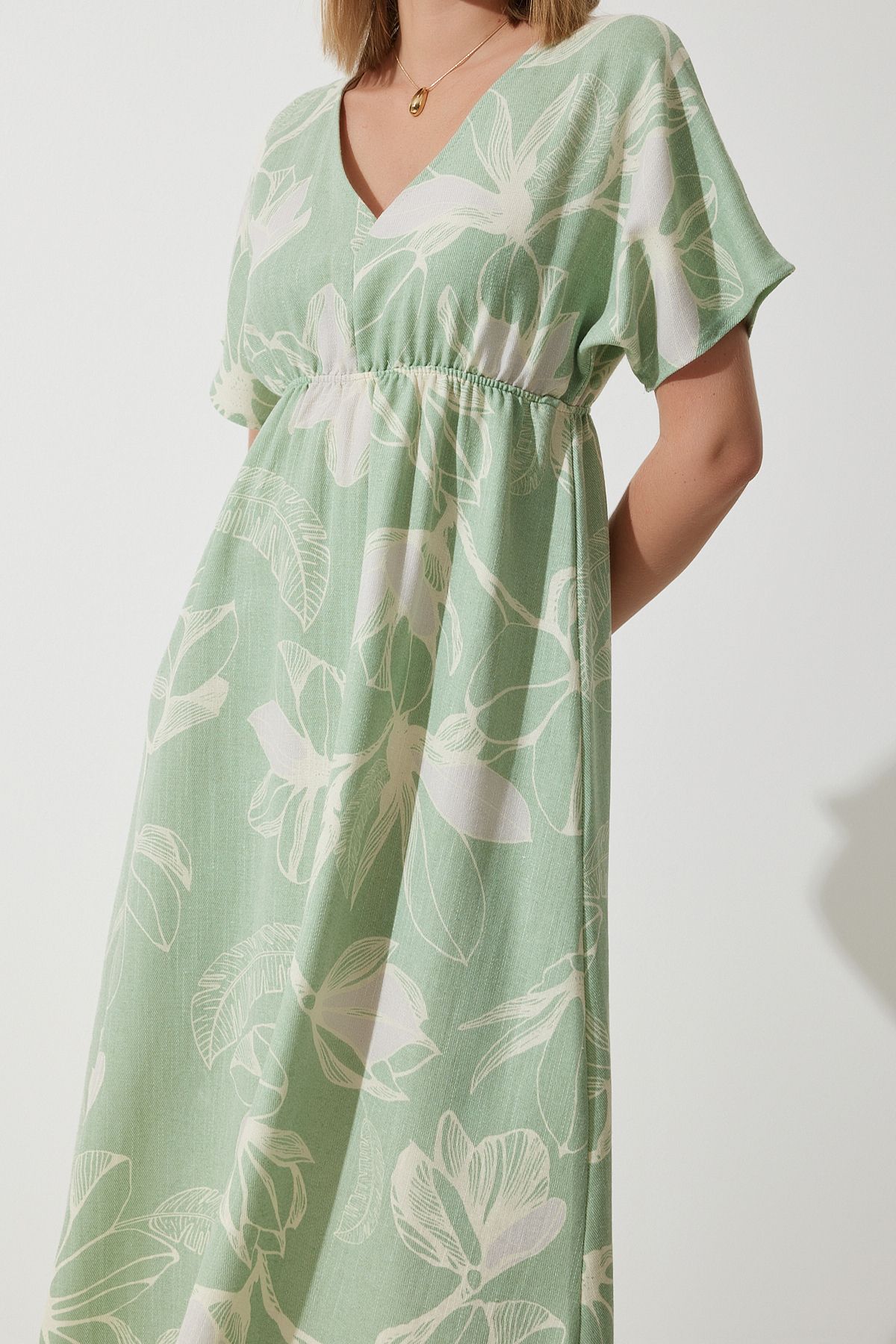 Women's Cagla Green Tropic Patterned Summer Raw Linen Dress BP00156