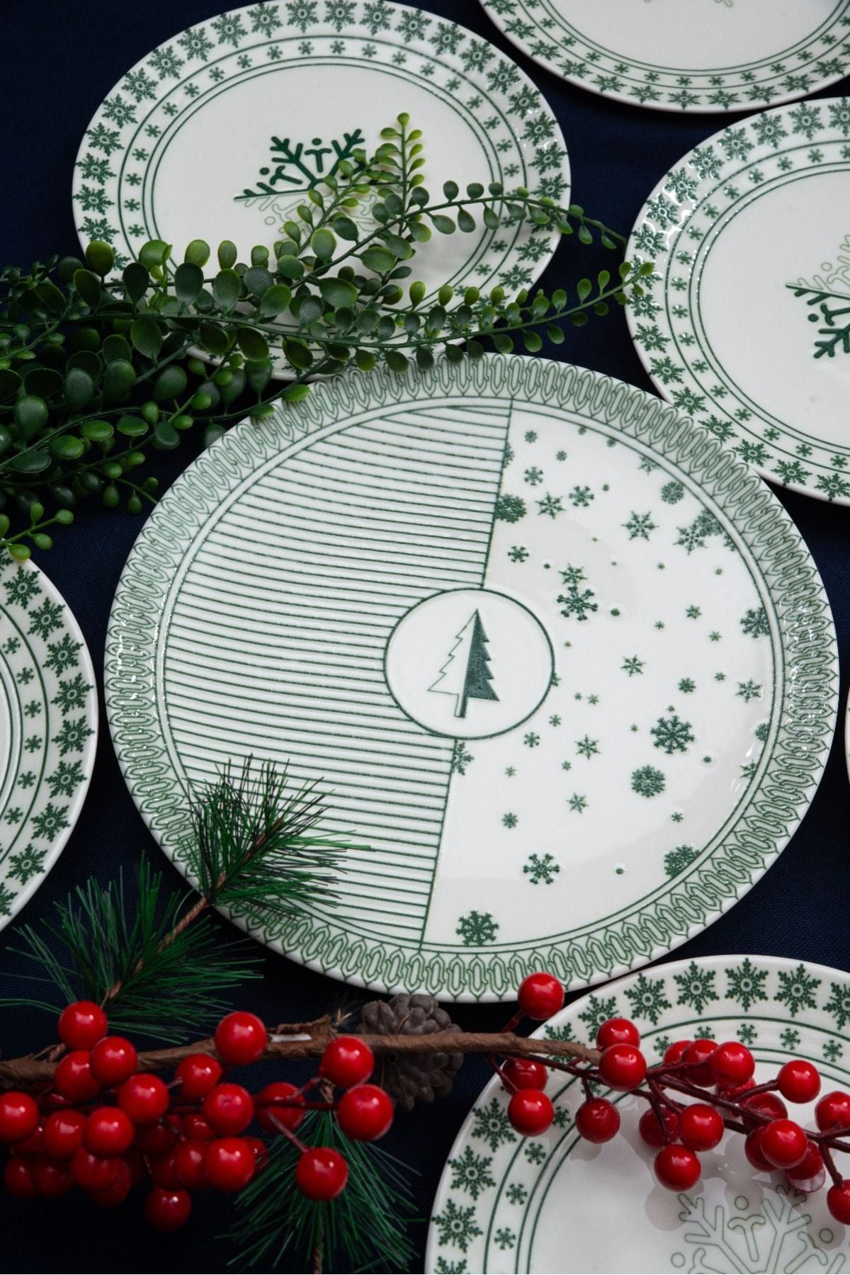 Pine Tree 7 Piece Porcelain Cake Plate Set