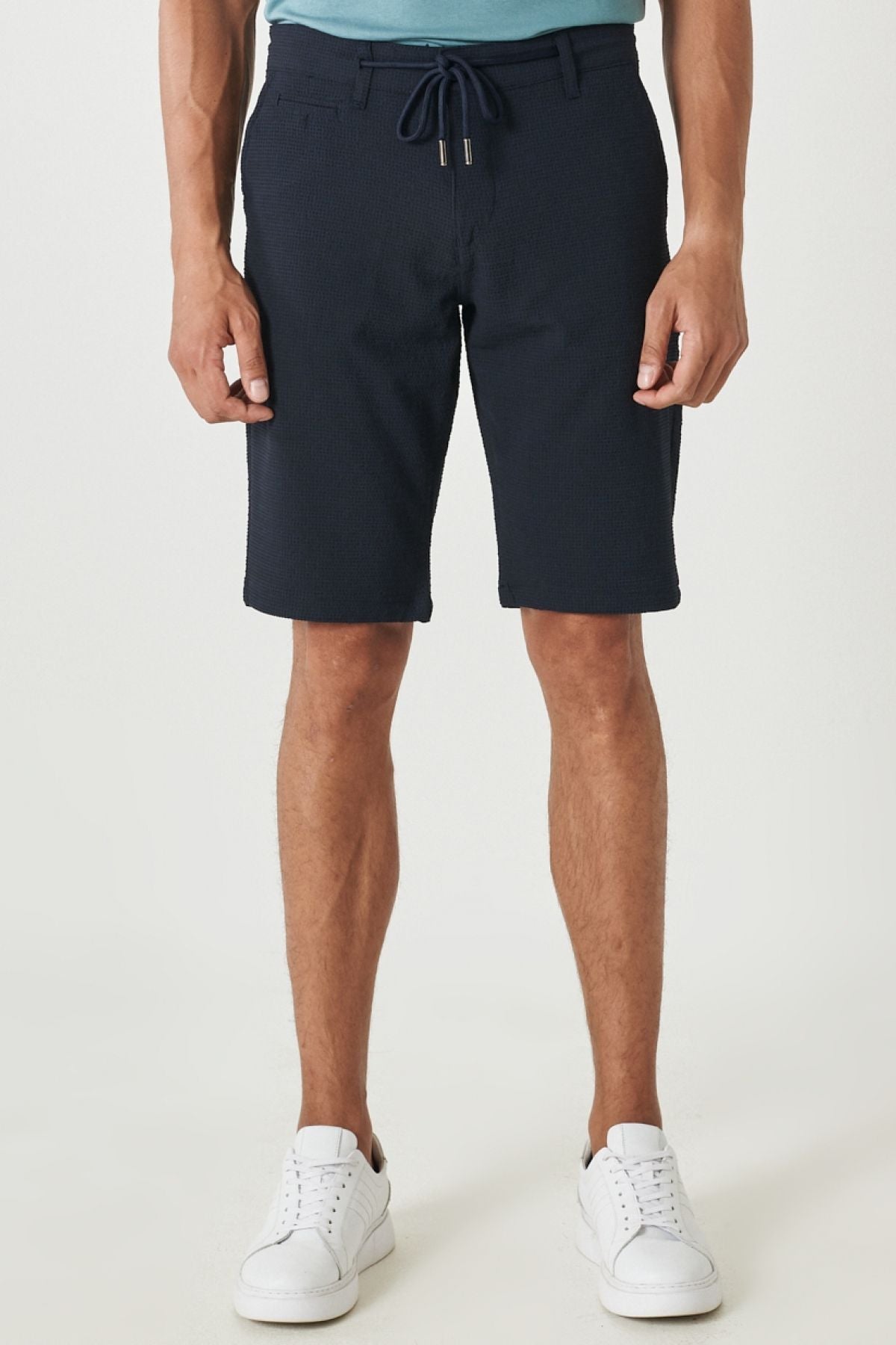 Men's navy blue slim fit narrow cut waist tied flexible shorts