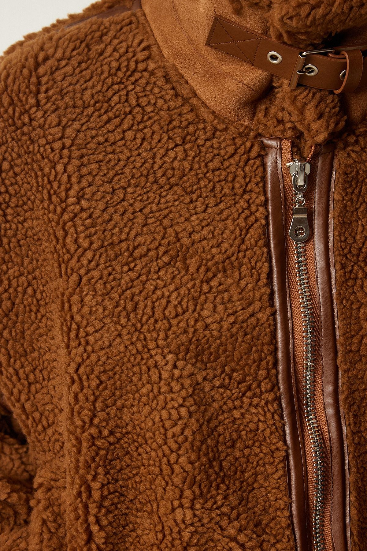 Female Brown Artificial Fur Biker Jacket FN03153