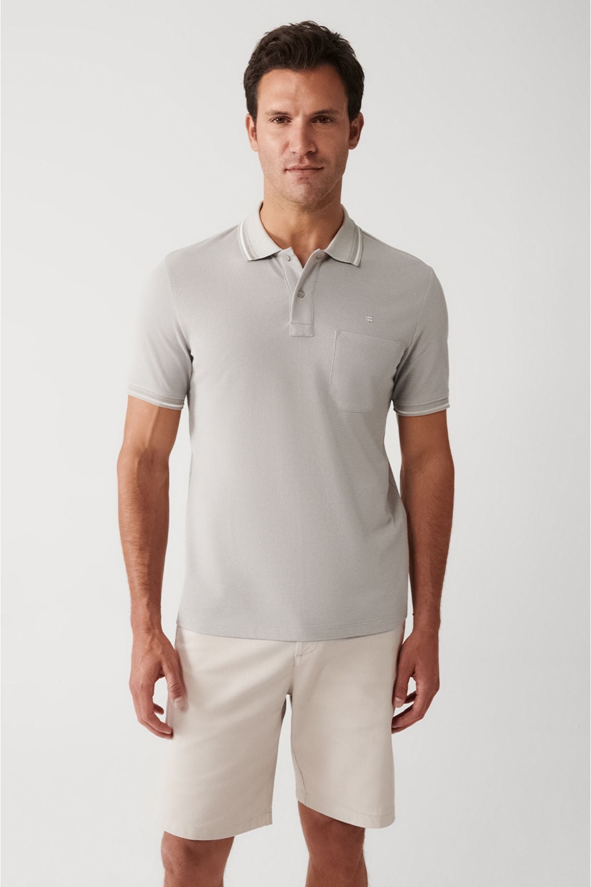 Men's Gray Curlled Neck Pocket 2 Button Polo Yaka T-shirt E001031