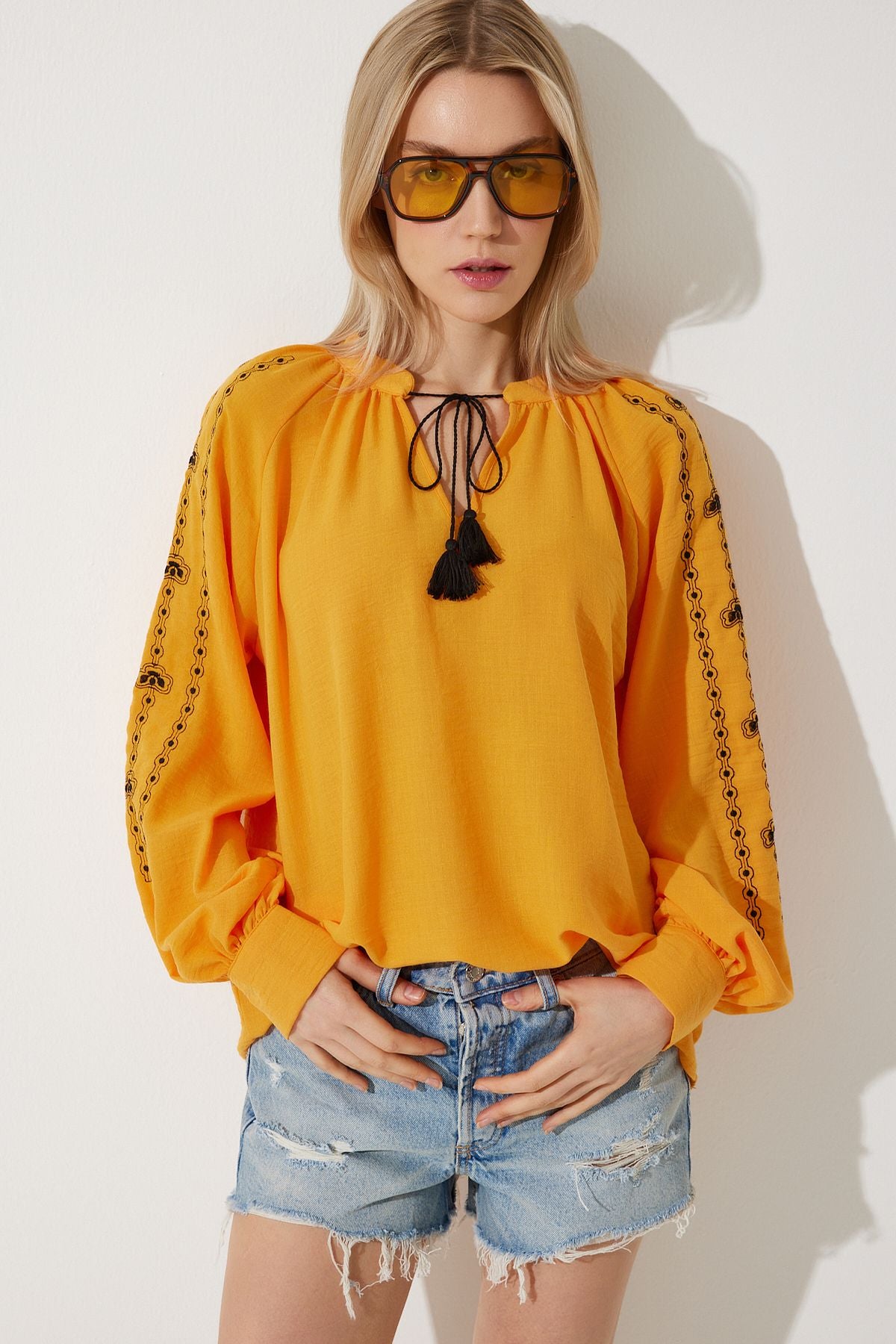 Female Orange Embroidered Oversizle Flax Blouse RG00038