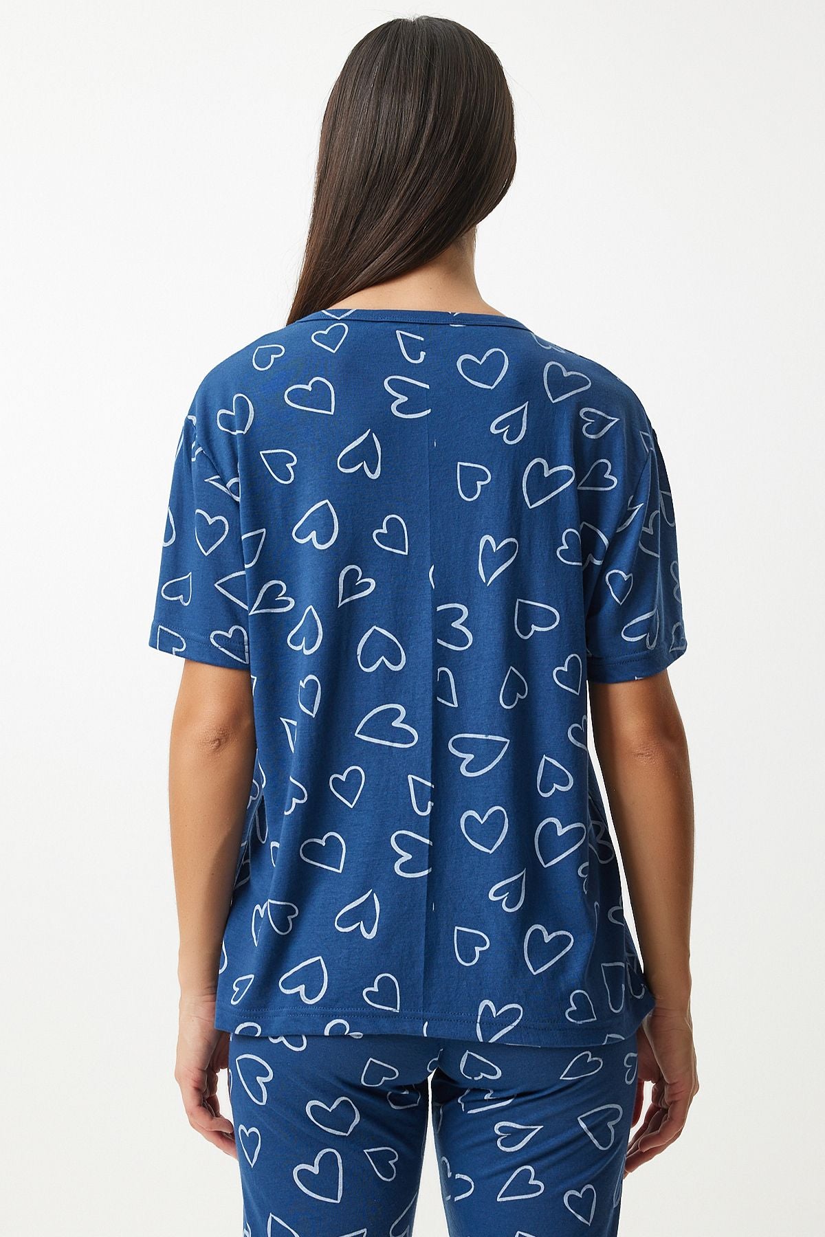 Female navy blue patterned viscose pants T-shirt pajama set EC00046