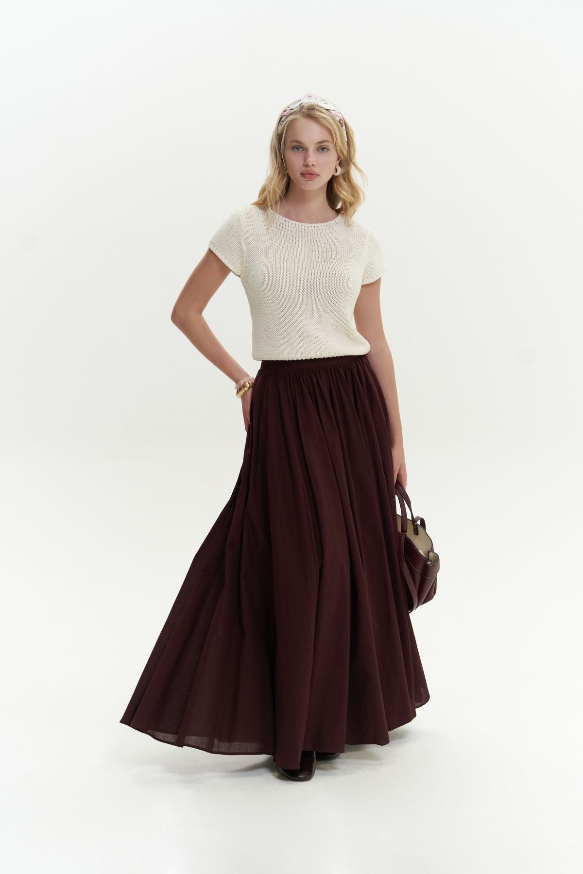 Faylinn Pleated Long Bordeaux Skirt