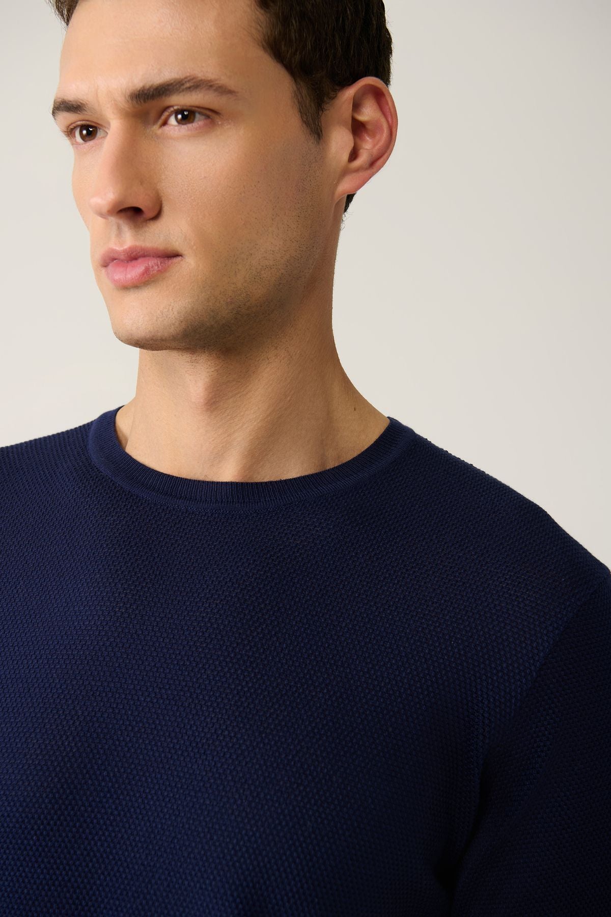 Men's Navy Blue Knitwear T-shirt Crew Neck Textured Cotton Regular Fit E005027