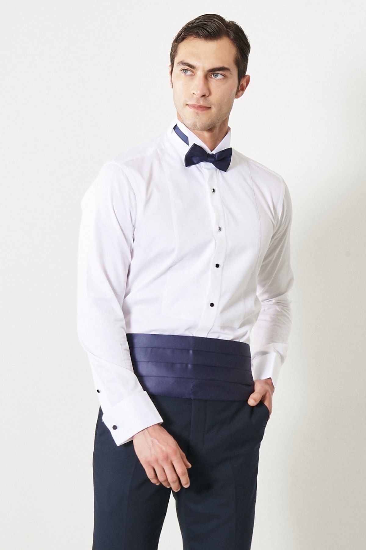 Men's white-lacivert slim fit narrow cutting mono collar pattern classic tuxedo set