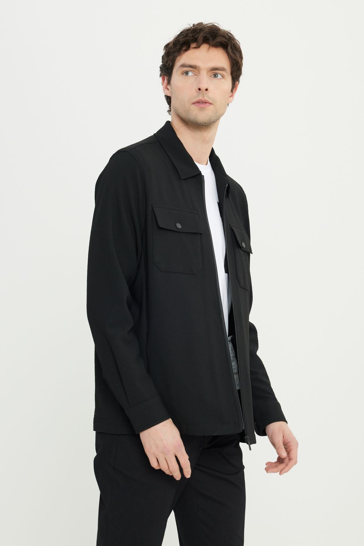 Men's black woolen relax fit comfortable cut shirt collar wafer patterned flexible suit jacket