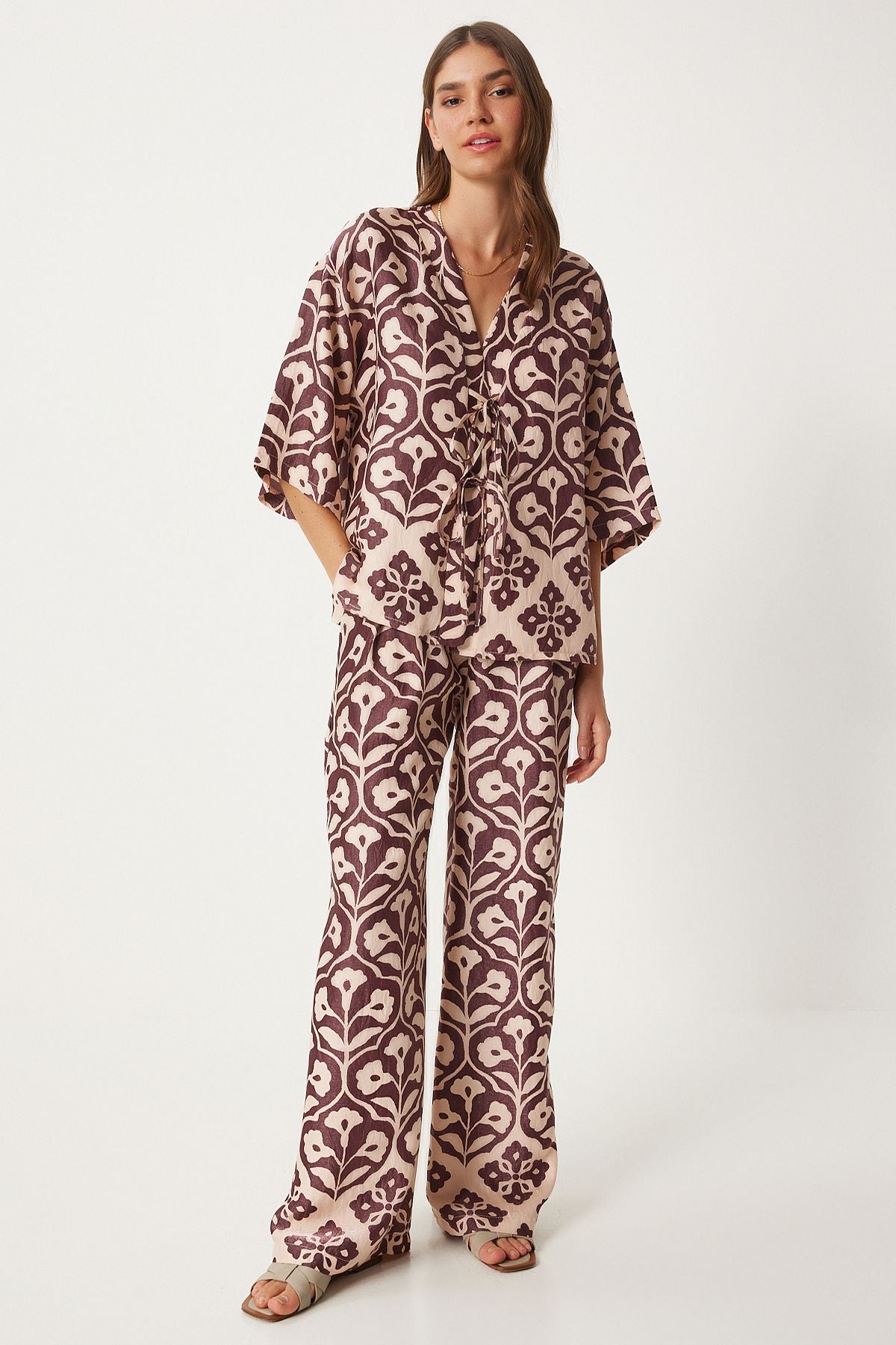 Female Pins Cream Patterned Viscose Blouse Palazzo Set FN03278