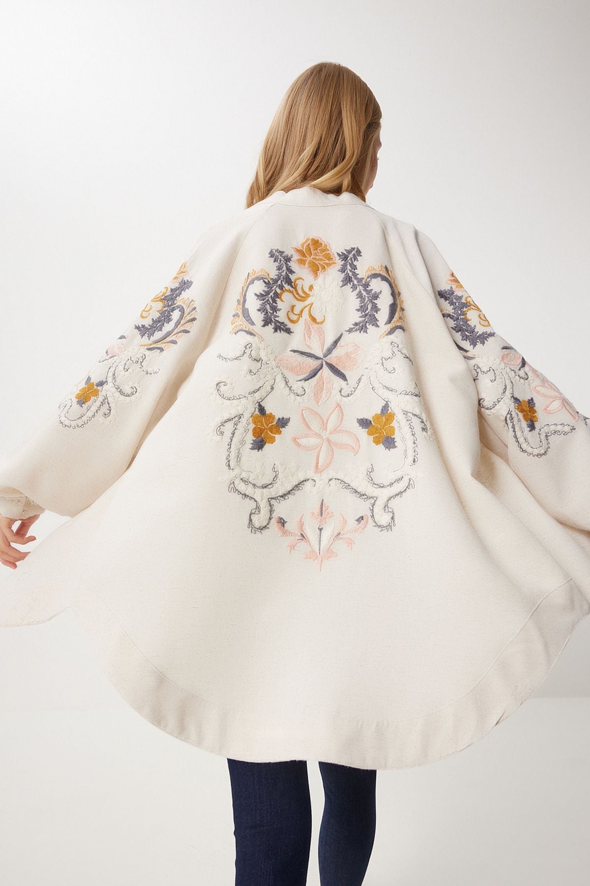 Women's Cream Orange Embroidered Kimono Or00005